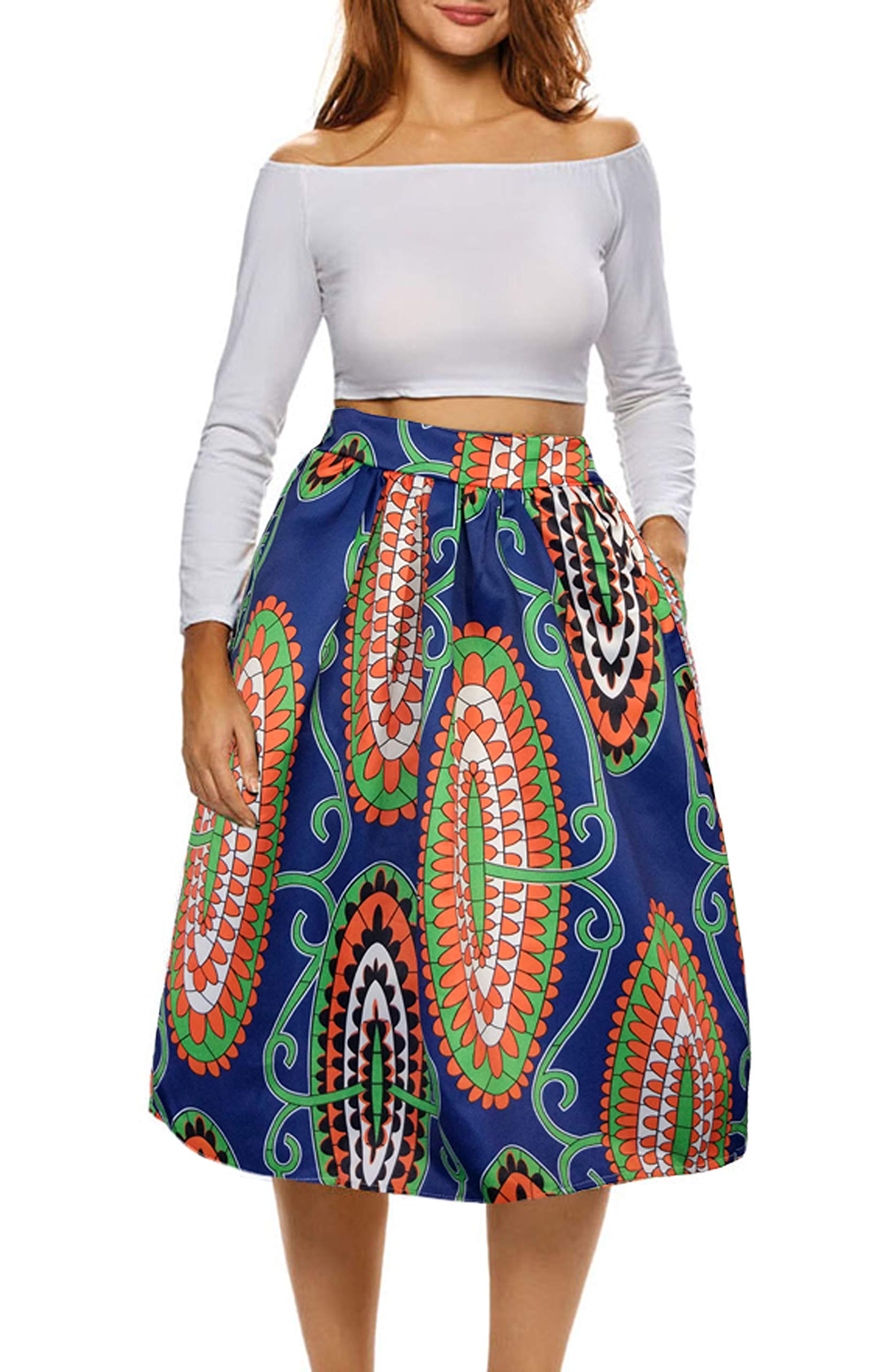 Sinono Women African Floral Print Skirt Pleated Midi Skirts with Pockets