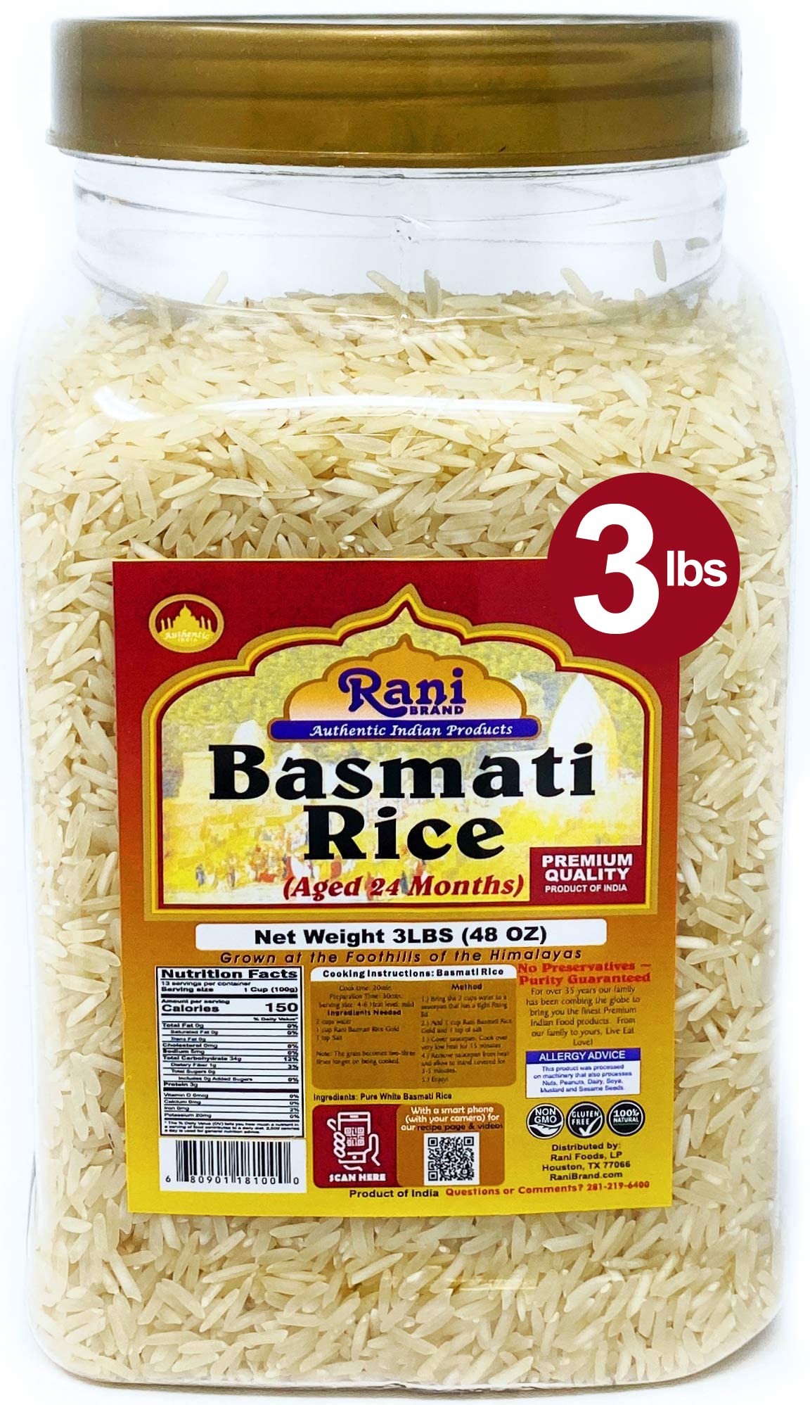 Rani Platinum White Basmati Rice Extra Long Aged, 48oz (3lbs) 1.36kg PET Jar ~ All Natural | Vegan | Gluten Friendly | Indian Origin