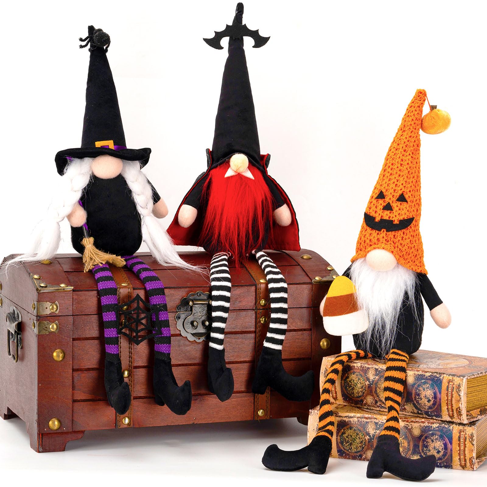 unanscre Halloween Gnomes Plush Elf Decoration - 3PCS Long Dangle Leg Witch Vampire Pumpkin Gnomes Handmade Swedish Tomte Dolls for Halloween Ornament, Party Favor, Trick or Treat, Tiered Tray Decor