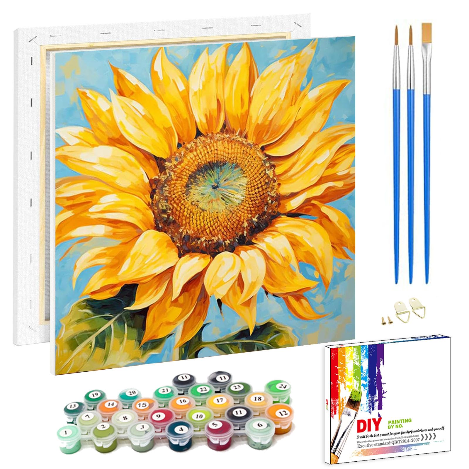 Pujeknm Paint by Numbers Adults Sunflower (with Frame) DIY Flowers Hand Painted Oil Painting Kit for Beginners, with 2 Brushes and Acrylic Paint, Hand Painted Oil Painting Kit as a Gift, Medium 20 x