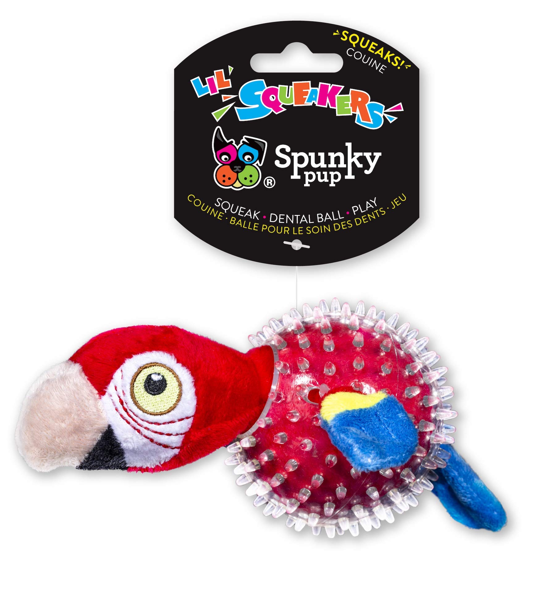 Spunky pup Parrot Spiky Ball Squeaker Dog Toy | Dog Balls with Rubber Spikes for Healthy Teeth and Gums | Plush Fetch and Play Toy | For Small Dogs