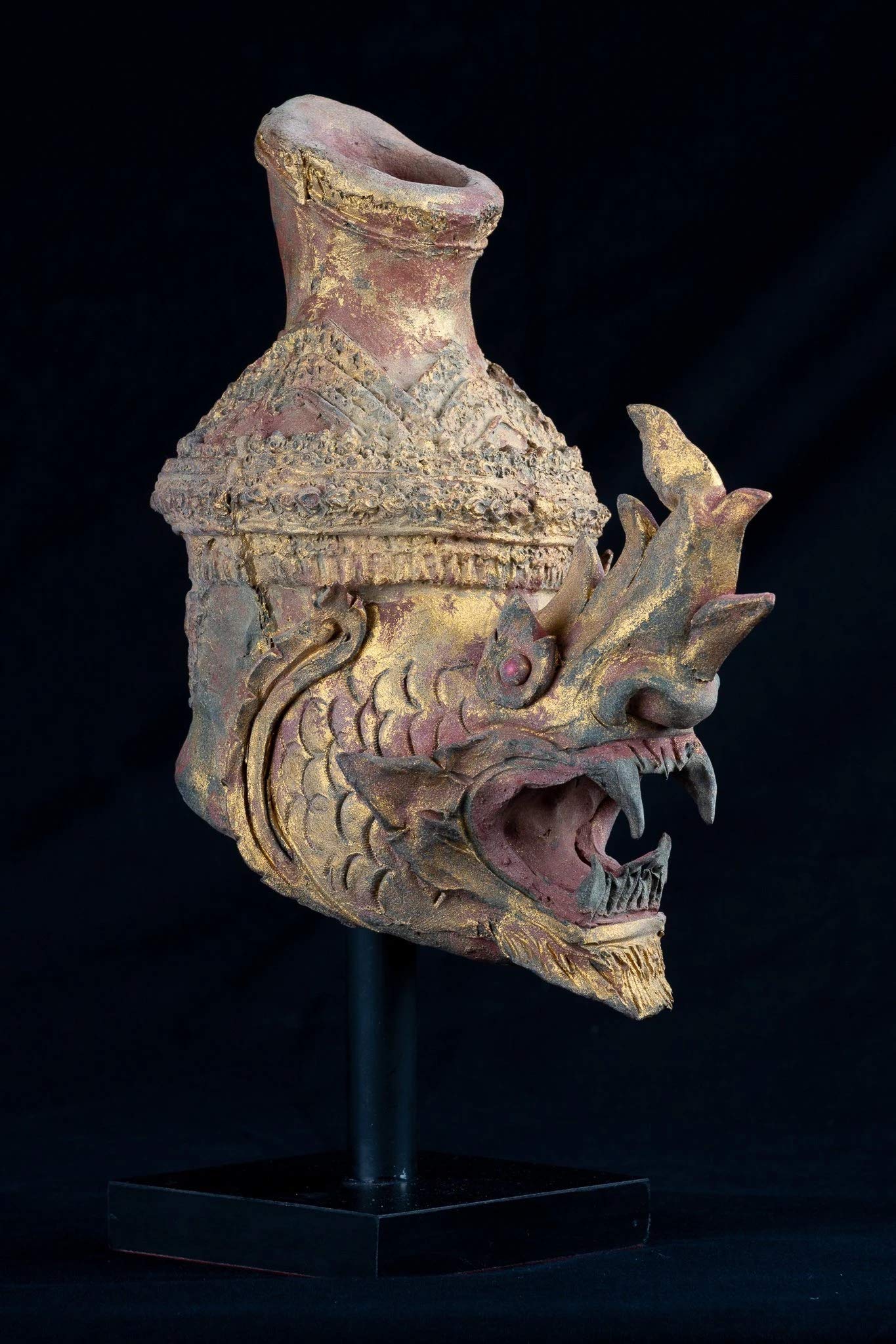 HD Asian Art 19th Century Antique Mounted Clay Thai Dragon Head - 29cm/12