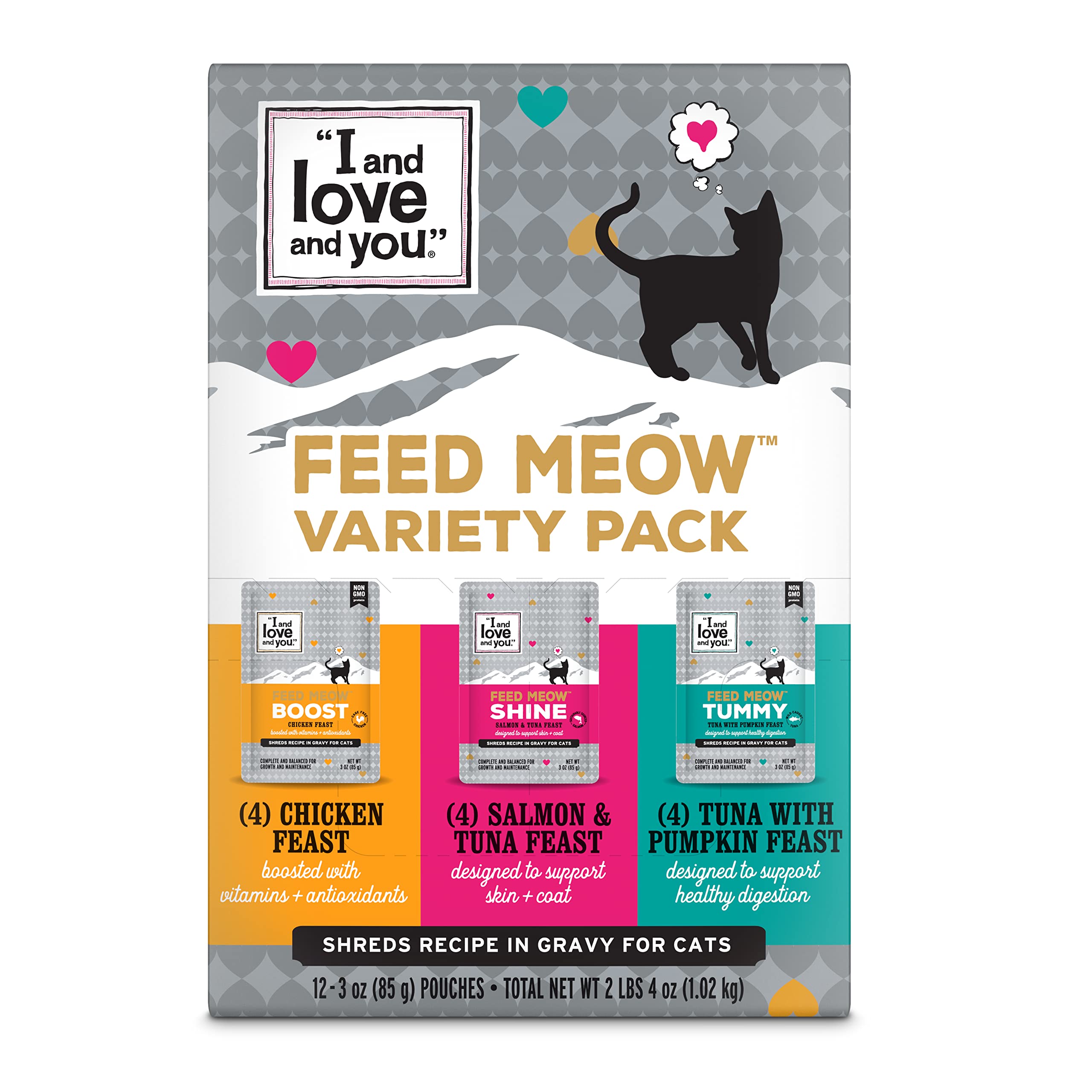 I and love and you Feed Meow Variety Pack - Salmon, Chicken, Tuna - Grain Free, Shredded, No Fillers 3oz Pack of 12