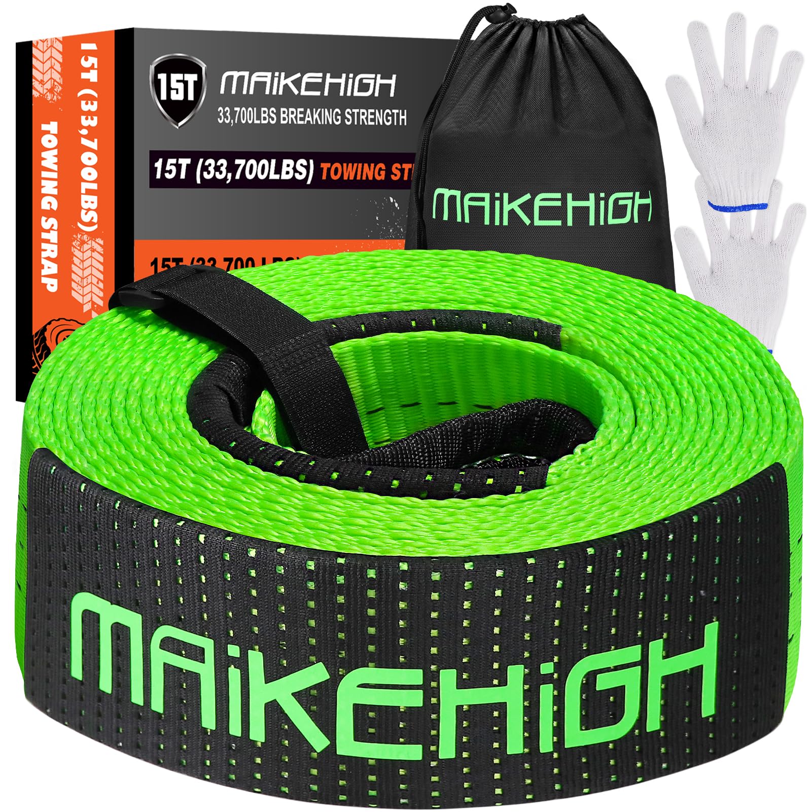 MAIKEHIGH Towing Rope 15 Ton (33,700 Lbs), 6M x 7.6cm Off-Road Recovery Tow Strap with 2 Gloves for Car, Truck, SUV, Snow (Green)