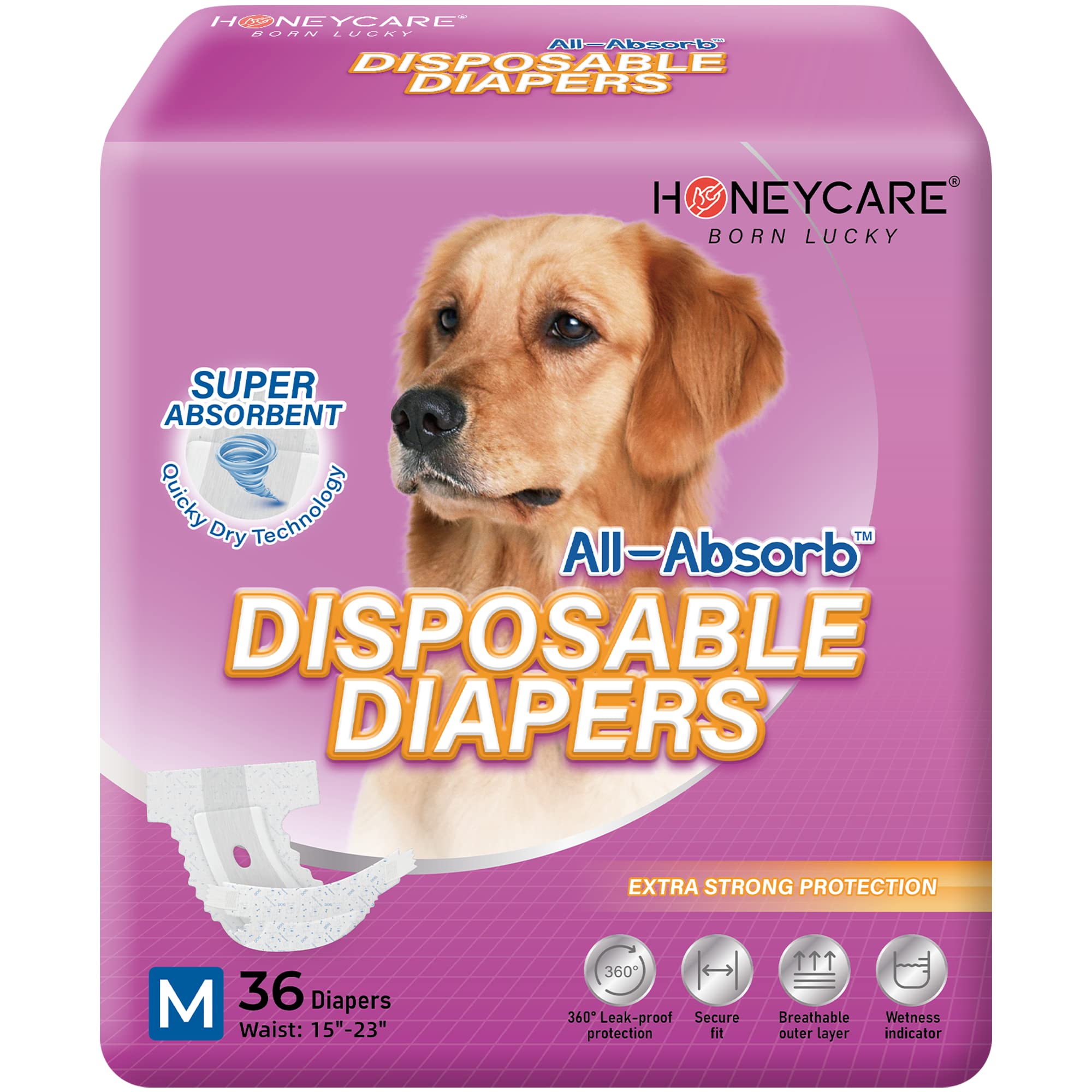 HONEY CAREAll-Absorb Disposable Dog Diapers M Size, Improved Bigger Size, 36 Count, Super Absorbent, Breathable, Wetness Indicator