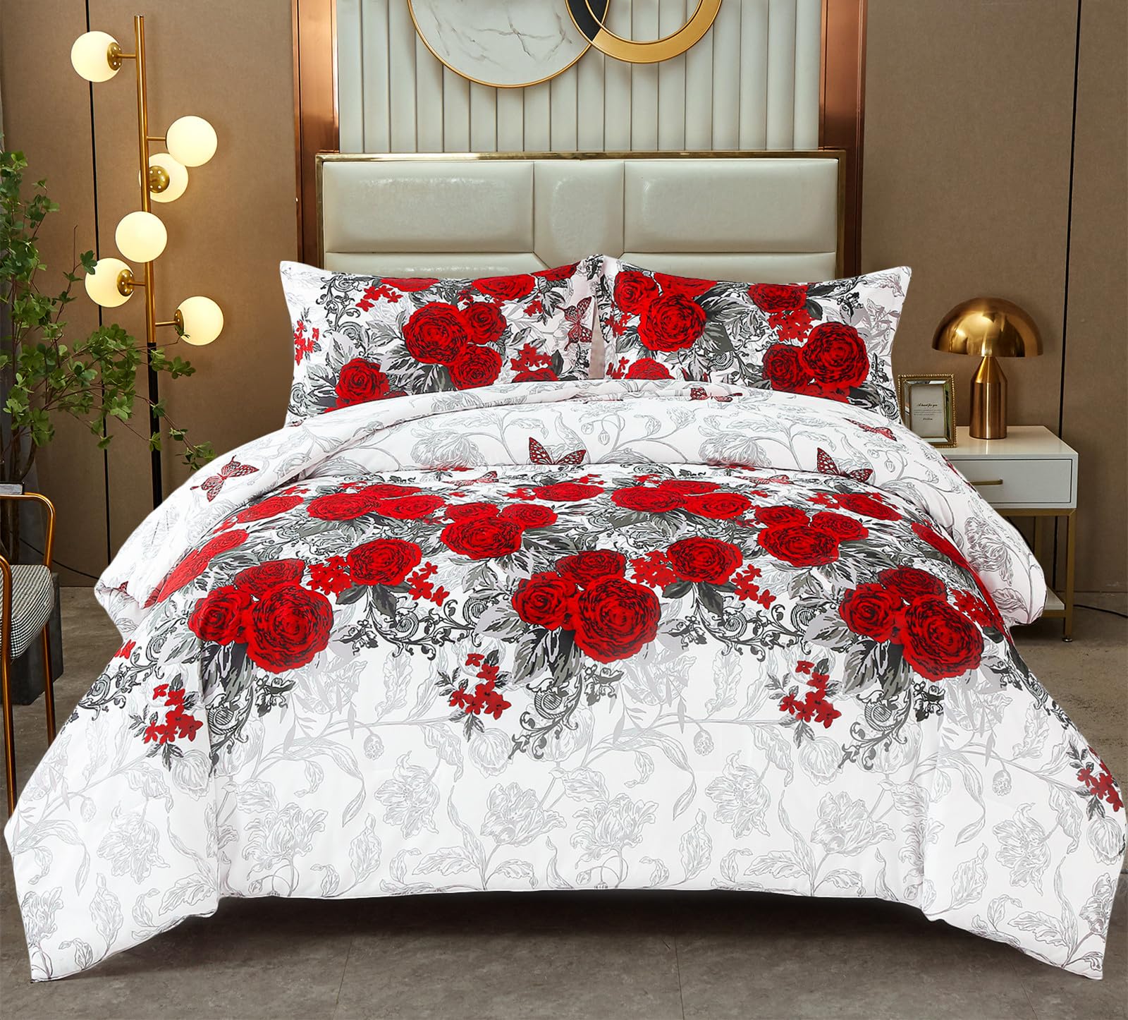 Yiran 3 Pieces Red Rose Floral Comforter Set with 2 Pillowcases Flower Green Leaves Comforter for All Seasons Soft Microfiber Butterfly Valentine Bedding Set Queen Size 90"x90"