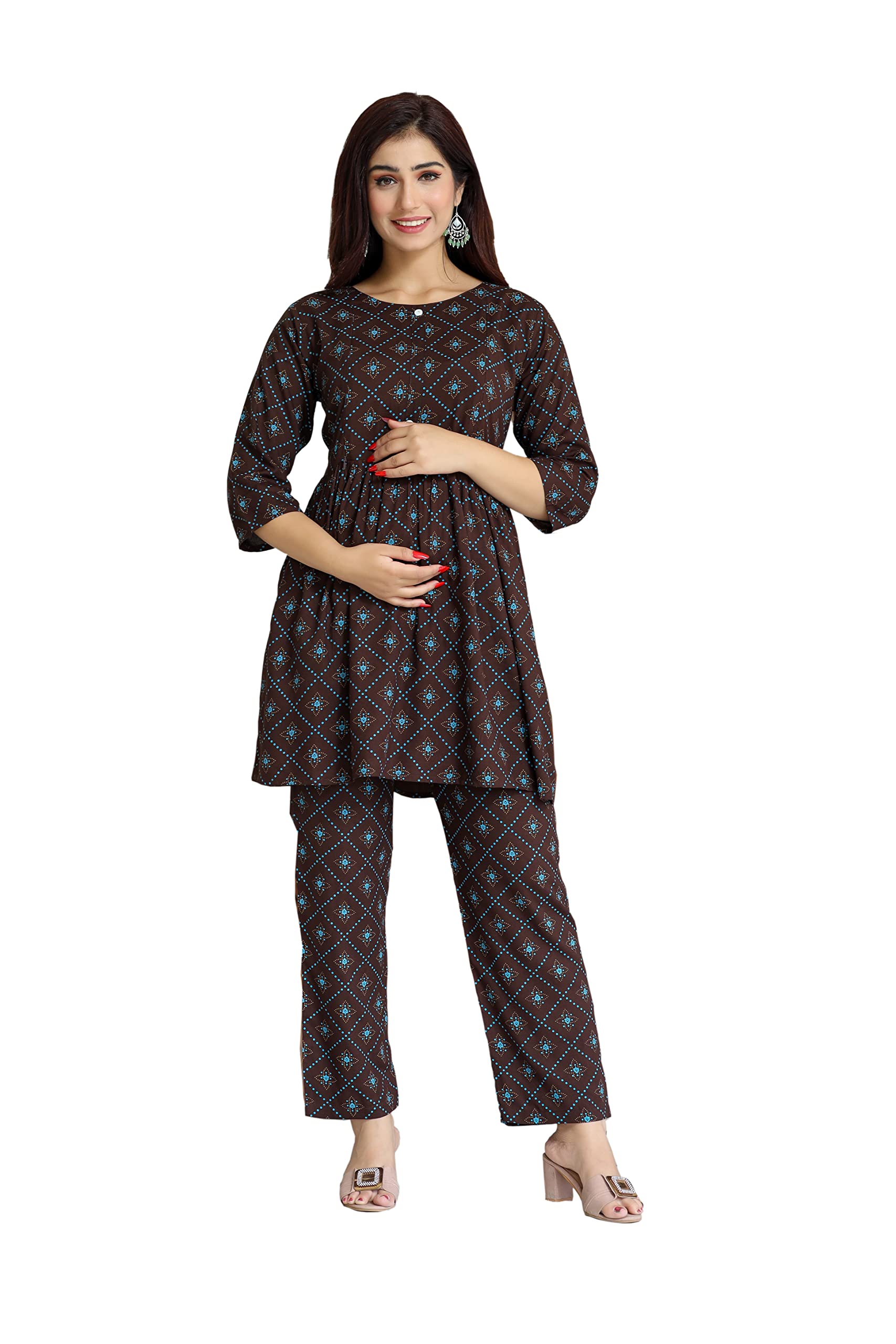 BAI SAA Women's Cotton Printed Maternity Anarkali Night Suit for Easy Breastfeeding (Brown)