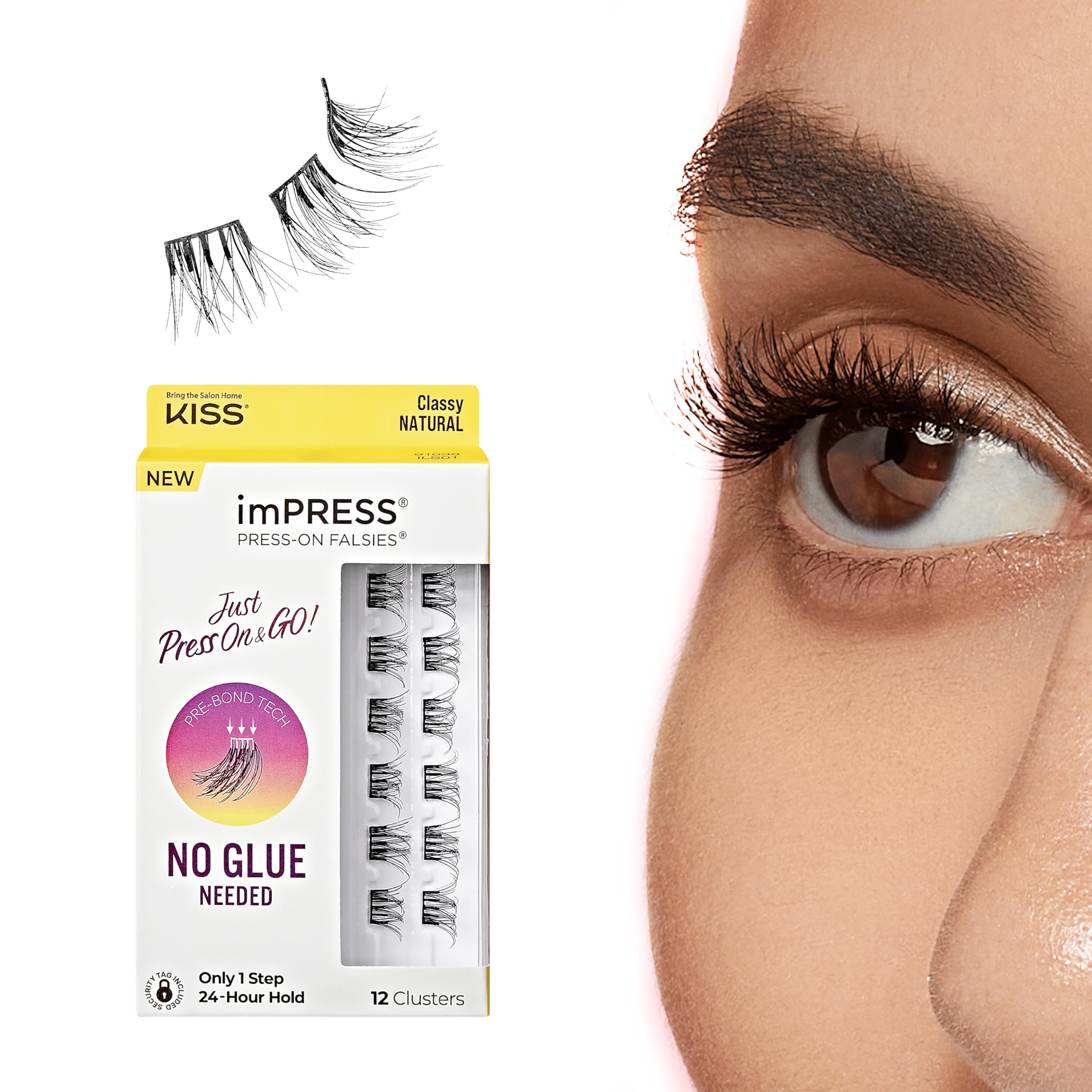 KISS imPRESS False Eyelashes, Lash Clusters, Falsies, Classy Natural', 10mm-12mm, Includes 12 Pieces of pre-Bonded Lashes, Contact Lens Friendly, Easy to Apply, Reusable Strip Lashes