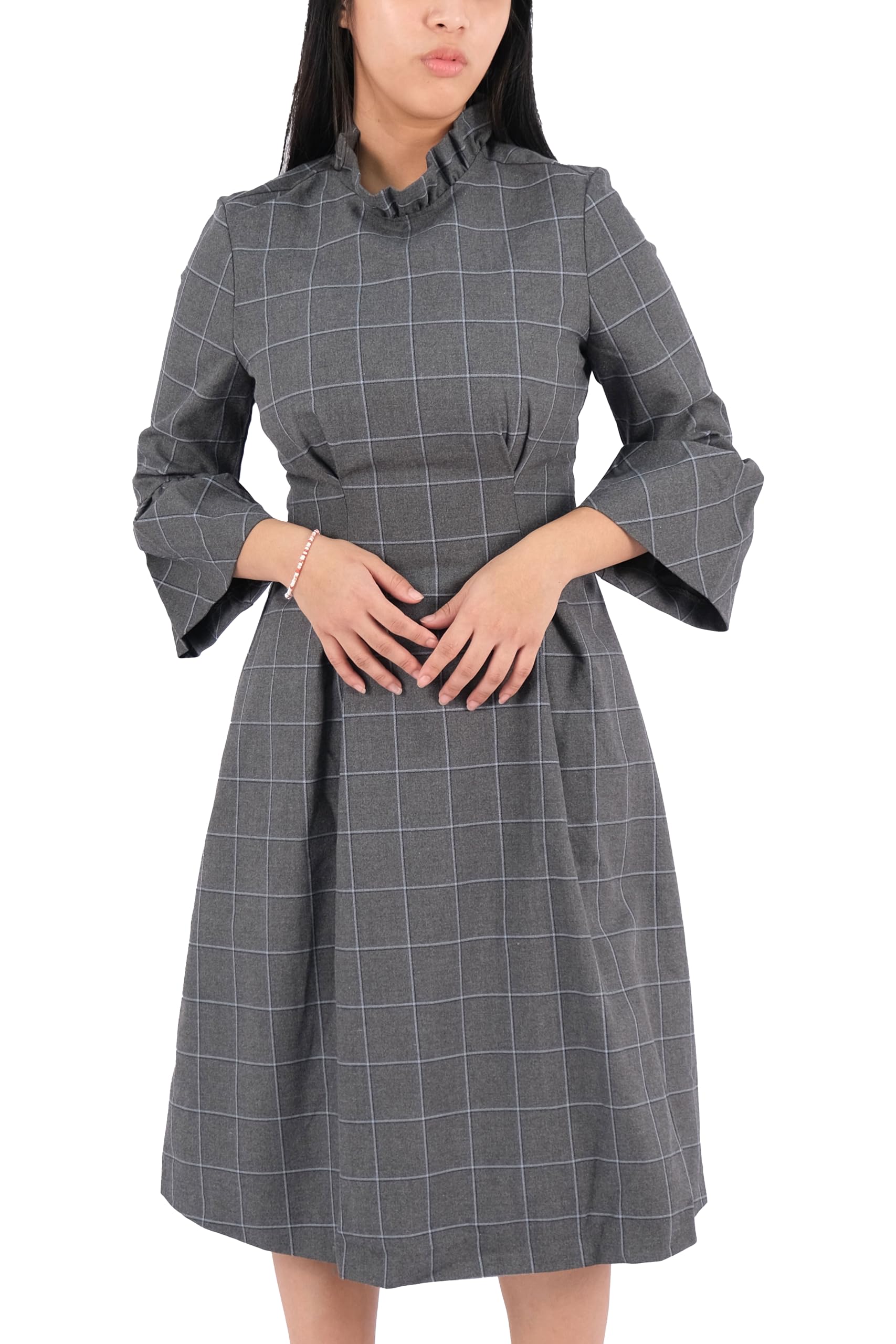 GenericWomen's Dress WSR DITSY SHIFT DRESS Eddy Check Dress Ruffle Long Neck Dress Essential Dress Long Sleeve Plaid Top Casual Dress For Women Skater Dress Streetwear Dresses Gift For Adult Women Size XS-XL