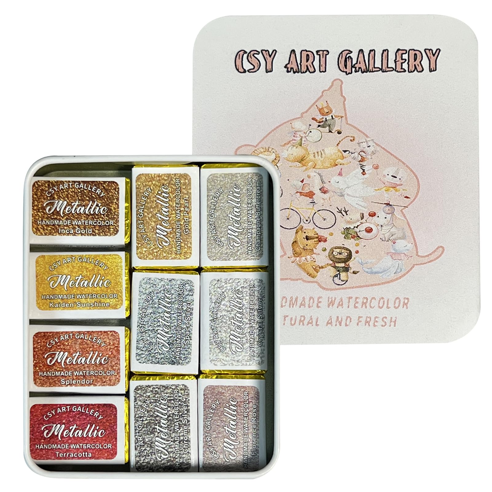 CSY art gallerySilver and Gold Handmade Mica Watercolor Paint in Tin Case Metallic Full Pans Water Color Sparkly, Shimmer, Glitter for Artists (Set 1)