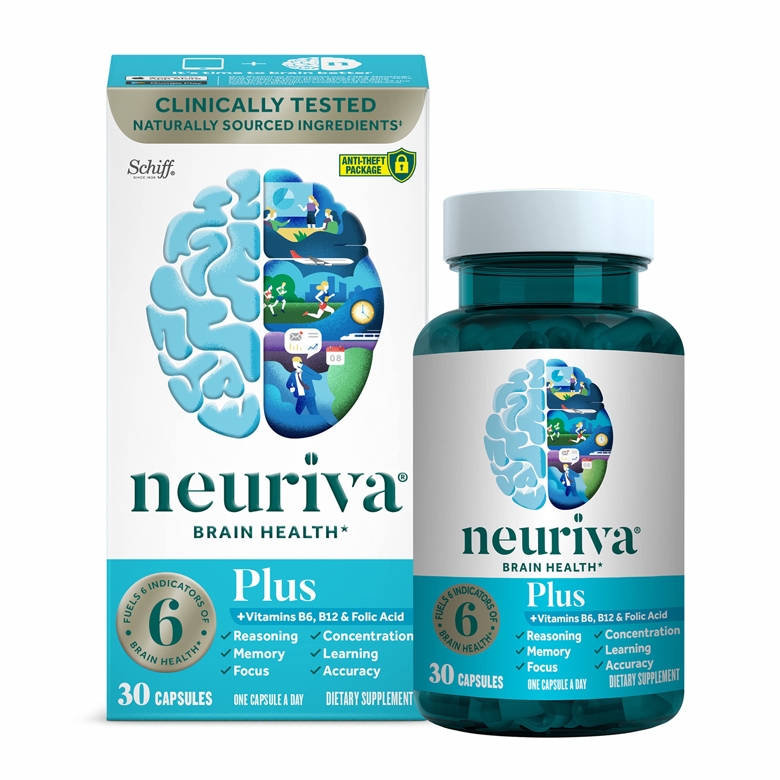 Brain Support Supplement - NEURIVA Plus (30 Count in a Bottle), Plus B6, B12 & Folic Acid, Supports 6 Indicators of Brain Performance: Focus, Memory, Learning, Accuracy, Concentration & Reasoning