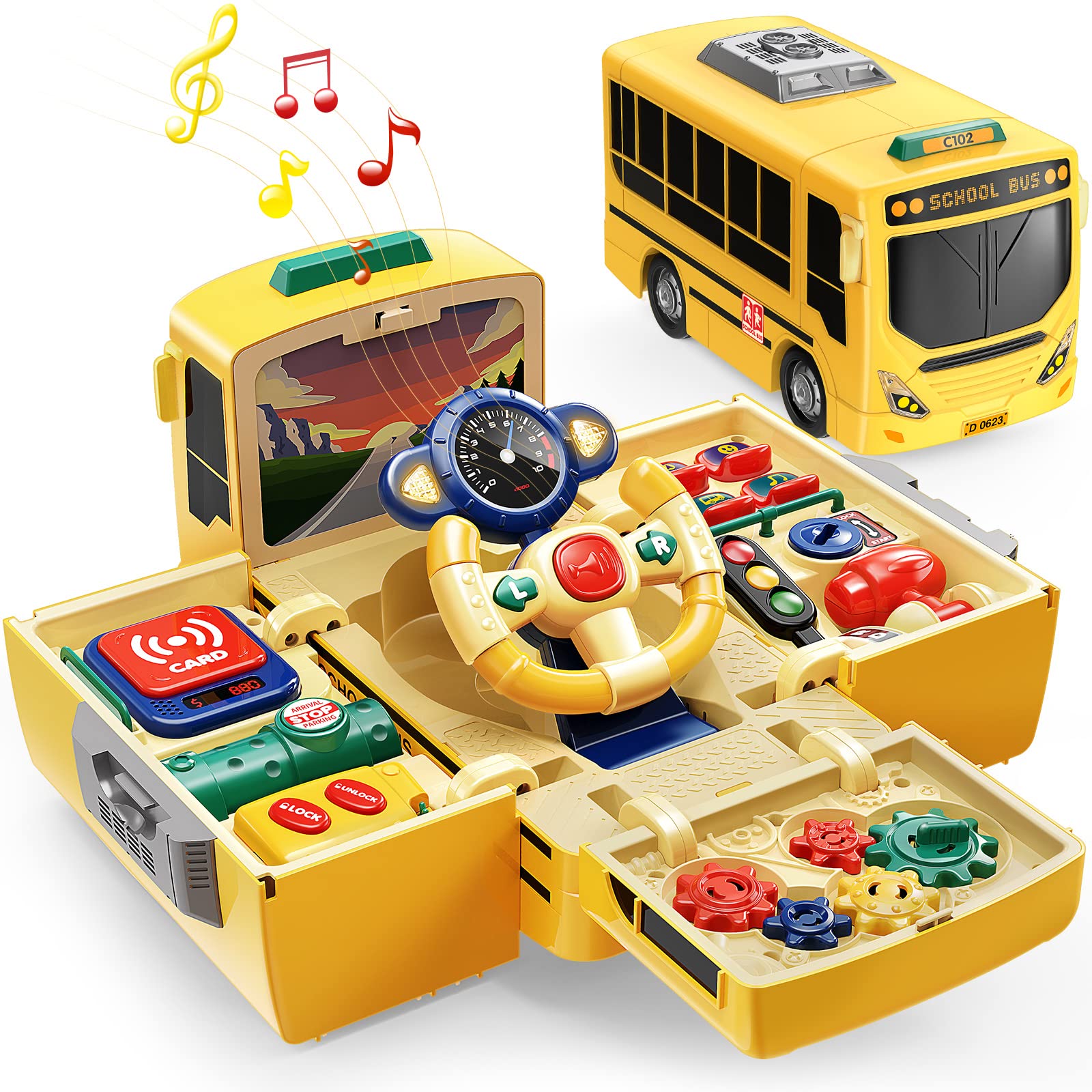 GeyiieSchool Bus Toys, Bus Toys with Sounds and Lights, Push Pull Toy Transforming Cars, Steering Wheel Driving Toys for Preschool Pretend Play Car Toys Party Gifts for Toddler Boys Girls 3-5