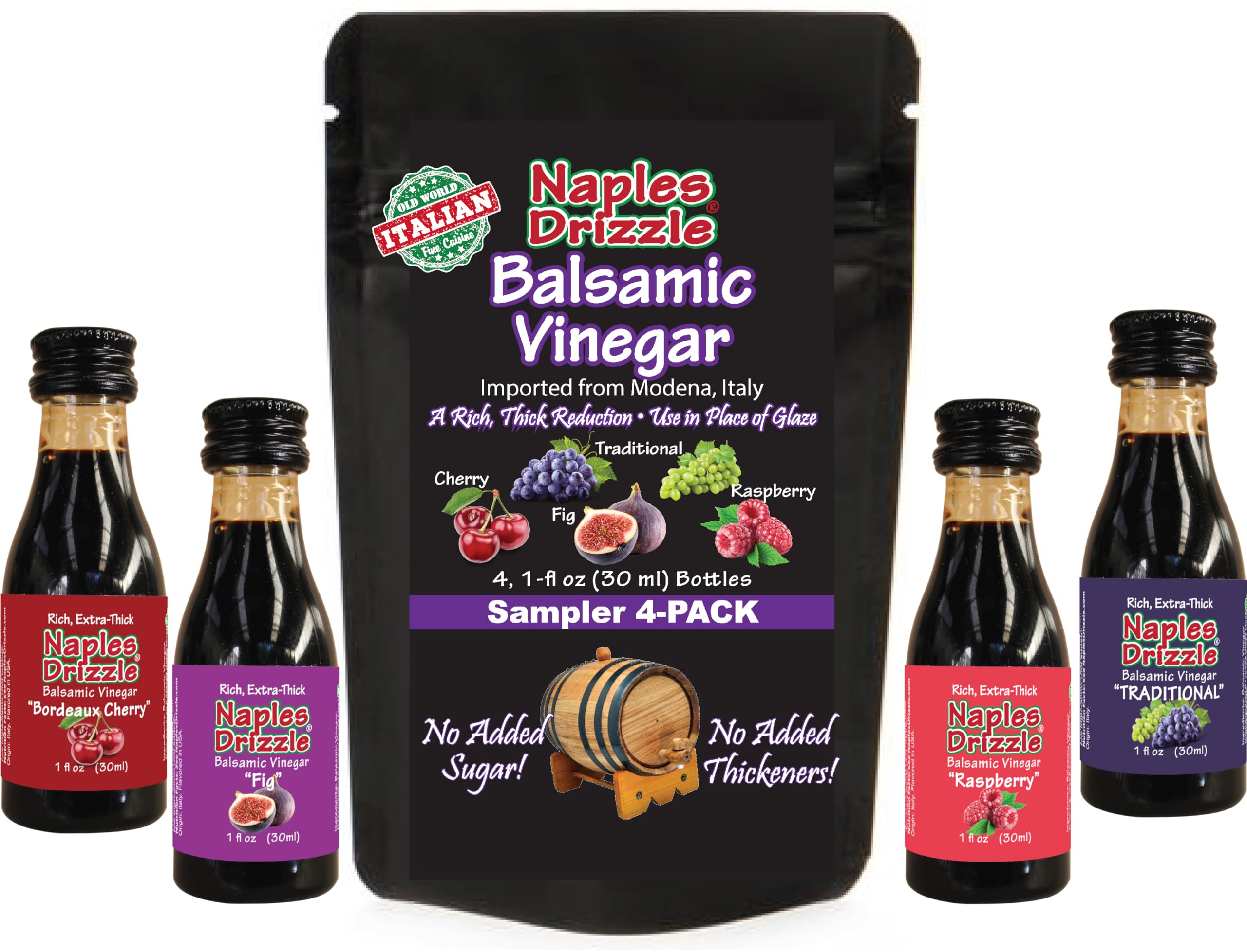 Naples DrizzleBarrel-Aged Balsamic Vinegar of Modena -- Rich, Extra Thick, No Added Sugar or Thickeners, Better-Than-Glaze Balsamic Drizzle (4-Pack -- 1oz Mix Flavors). TSA-Approved Travel & Picnic Size