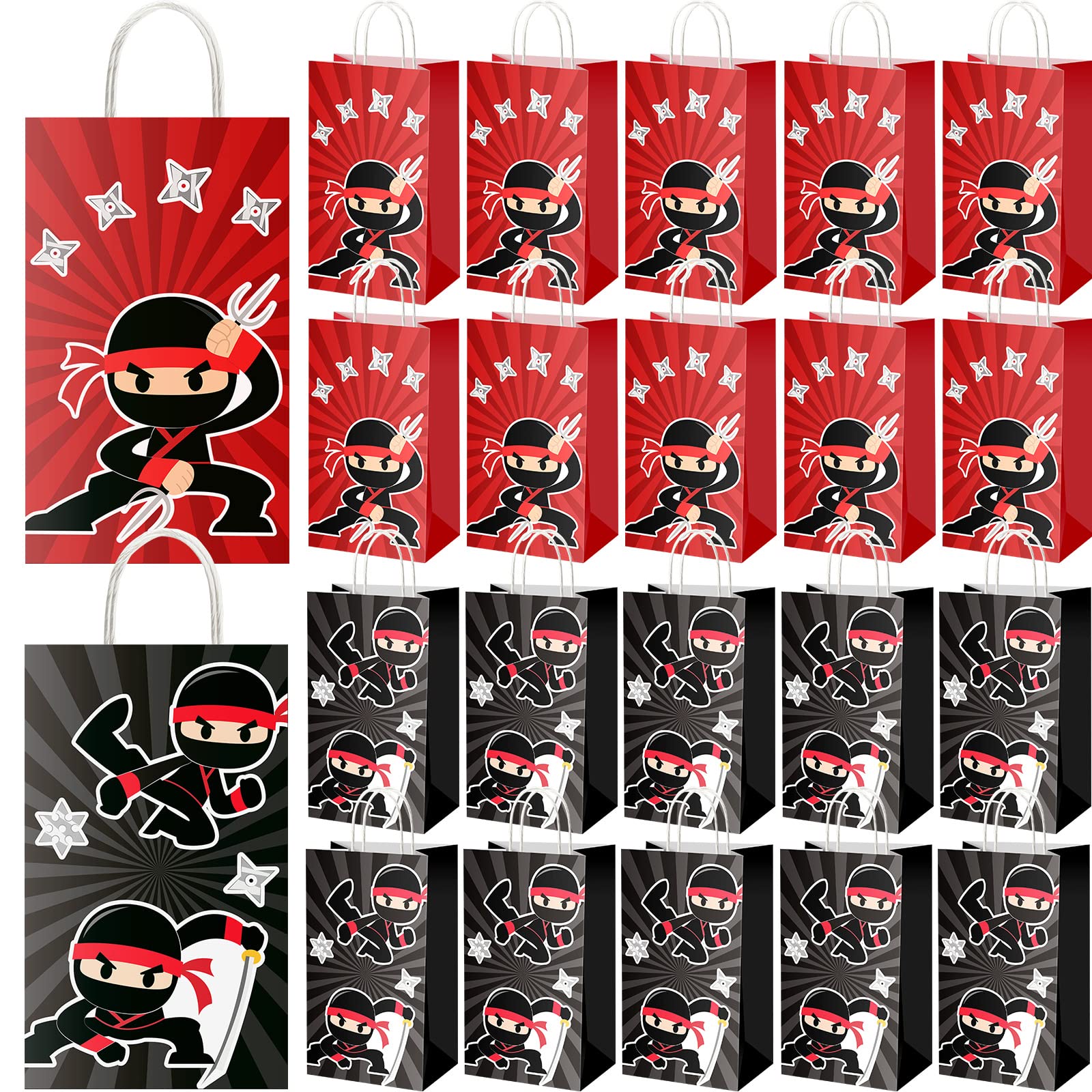 24 Pcs Ninja Party Favor Bags Paper Gift Bags with Handles Ninja Birthday Party Supplies Party Favor Gift Bags Ninja Party Bag Candy Treat Goody Bags for Kids Kraft Bags Ninja Party Decorations