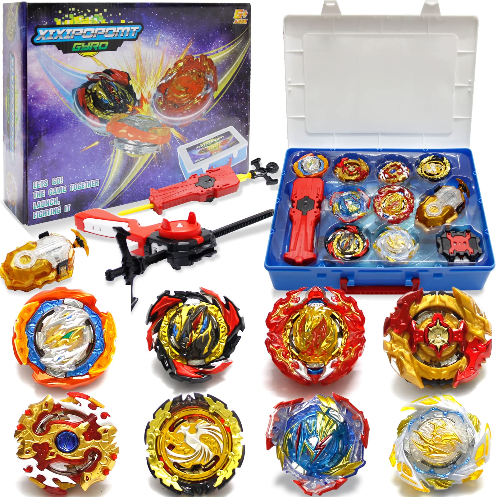 XIXIPOPOMT Bey Battling Top Gyro Burst Toy Set, 8 Spinning Tops 3 Launcher Metal Fusion Attack Top Battling Game with Portable Box Gift for Kids Children Ages 6+, Blue