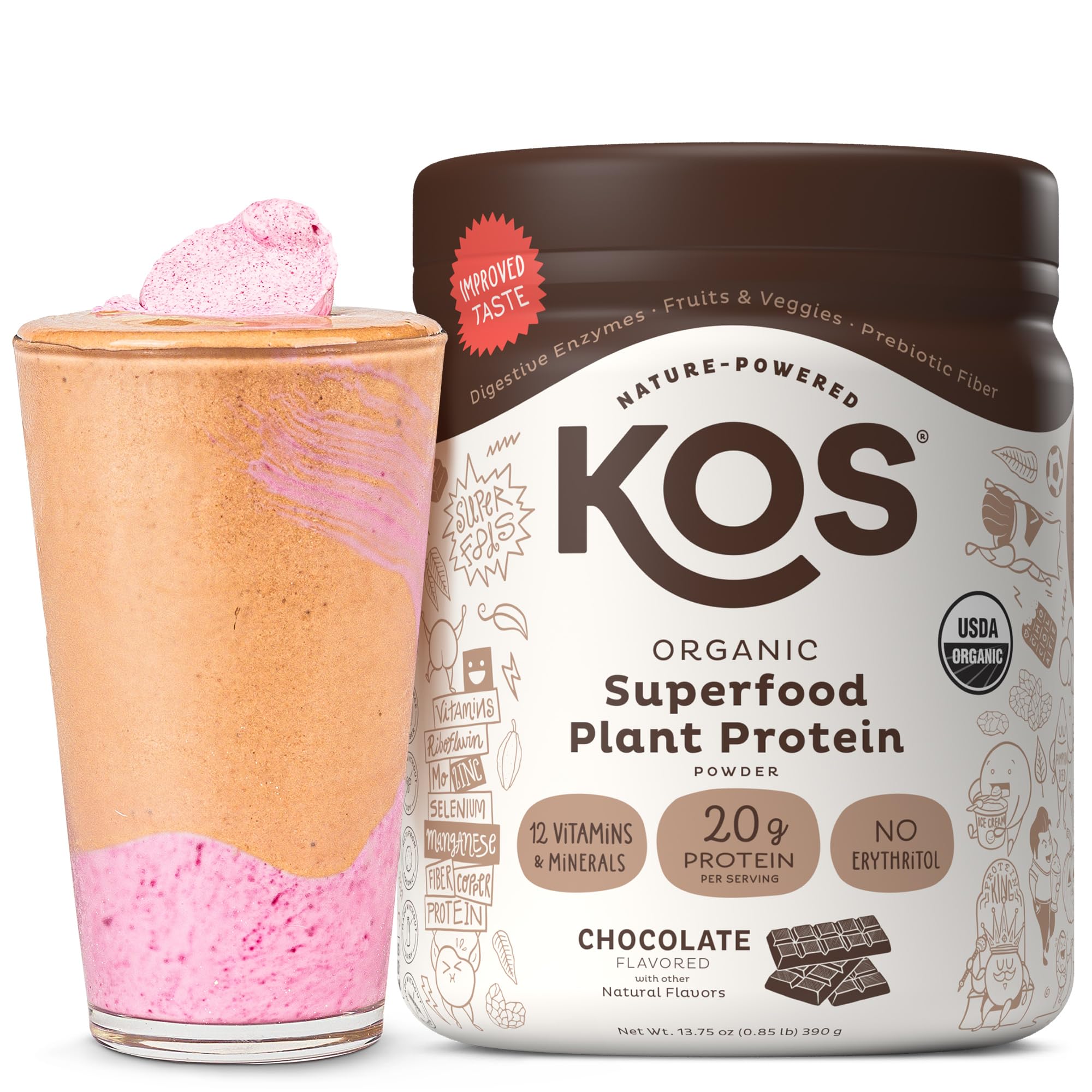 KOS Vegan Protein Powder, Chocolate USDA Organic - Low Carb Pea Protein Blend, Plant Based Superfood with Vitamins & Minerals - Keto, Soy, Gluten Free - Meal Replacement for Women & Men - 10 Servings