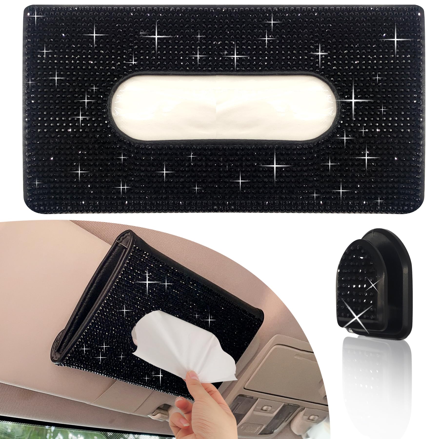 Car Sun Visor Tissue Box Holder,Dermasy Hanging Car Sparkly Crystal PU Leather Napkin Case Holder Bling car Accessories for Women and Ladies (Black)