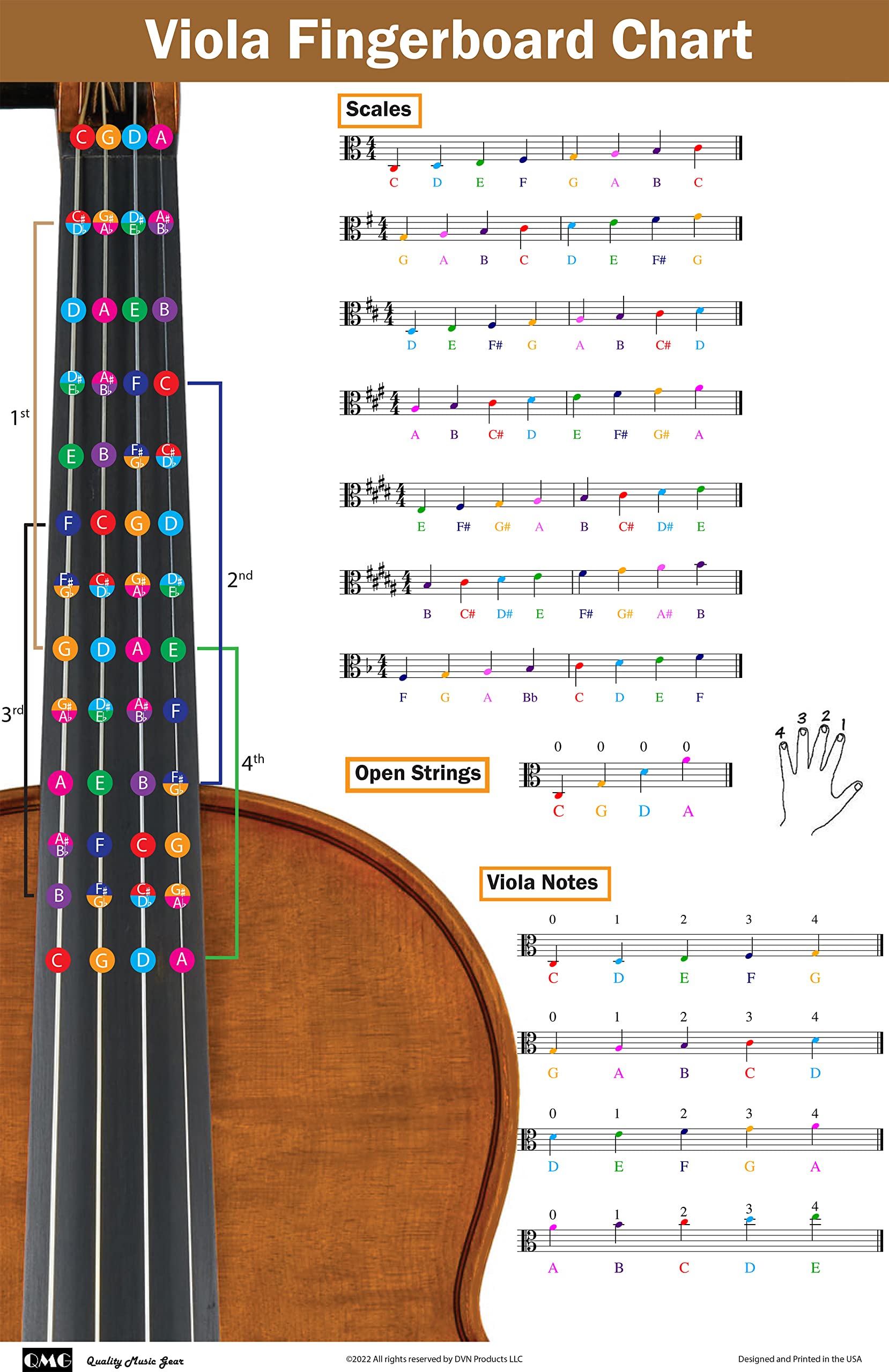 Viola Fingering Chart with Color-Coded Notes, Viola Scales Techniques Suitable for All Levels, Made in the USA