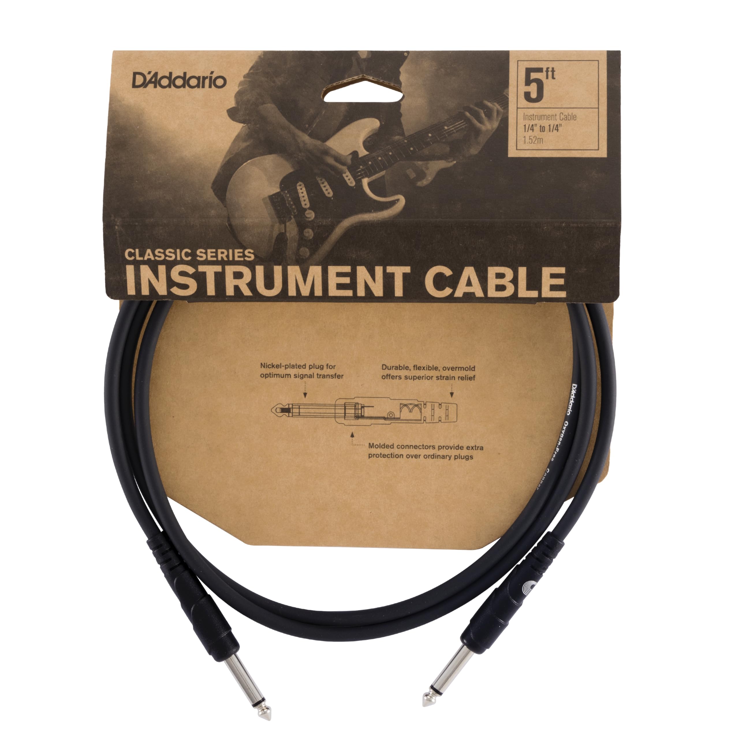 D’Addario Accessories Classic Series Guitar Cable - Instrument Cord with ¼ Inch Ends - Durable & Reliable - Bass or Guitar Cord - Straight End - 5 feet