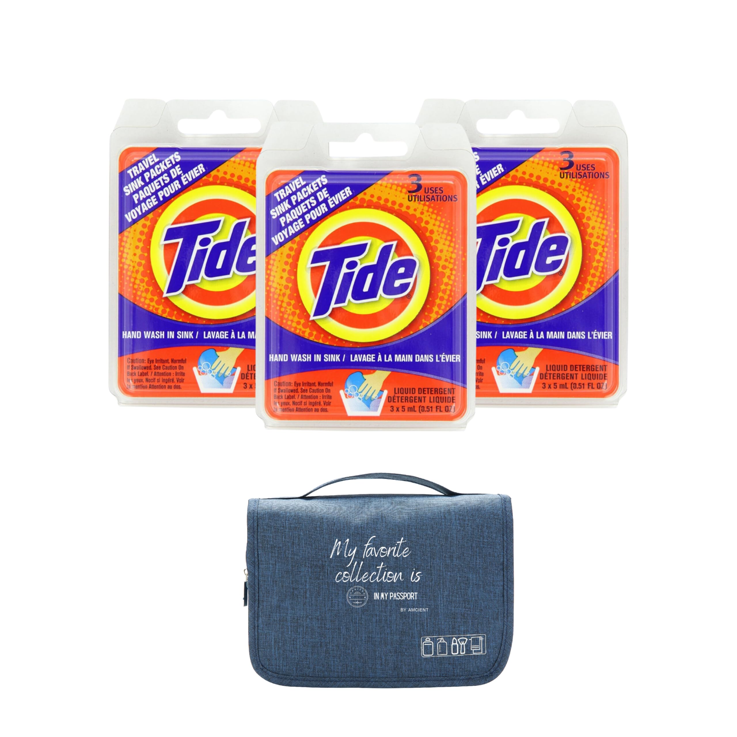 Tide Sink Travel Packets 3 Packs(3 Ct Each) Bundle With Hanging Toiletry Bag, 10 In 1 Travel Essentials Kit