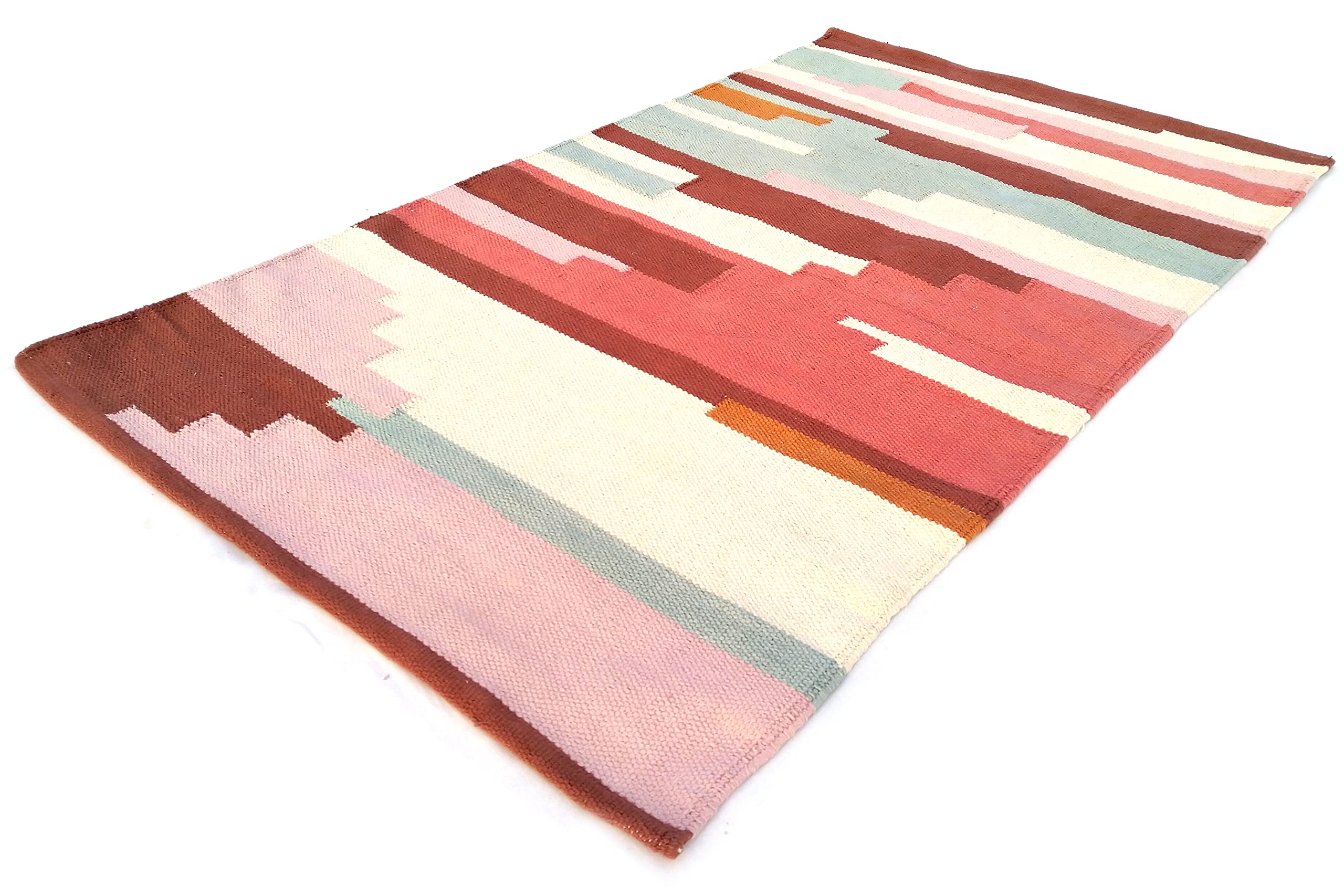 House2Home � Small Area Rug 3x5ft | Natural Colors in 100% Cotton dhurrie | Kilim Geometric Design | Area Rug, Living Room, Center Table, Gift Item | Large Size 90x150cm- Pink Shades