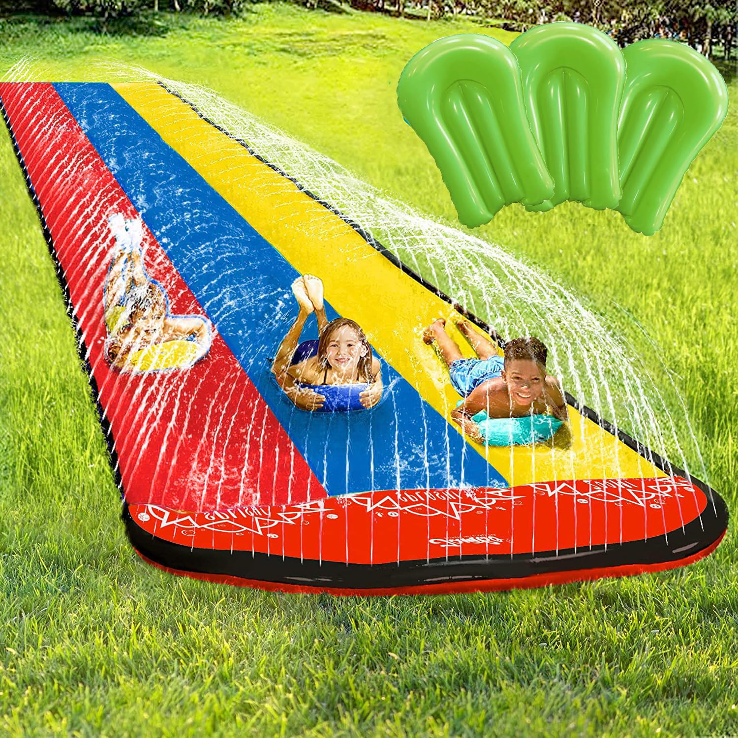 MoonmenLawn Water Slide Slip, 3 Racing Slide with 3 surfboards and Water Spraying Side Rails Summer Outdoor Toys for Kids Children Summer Backyard Swimming Pool Games Outdoor Toys