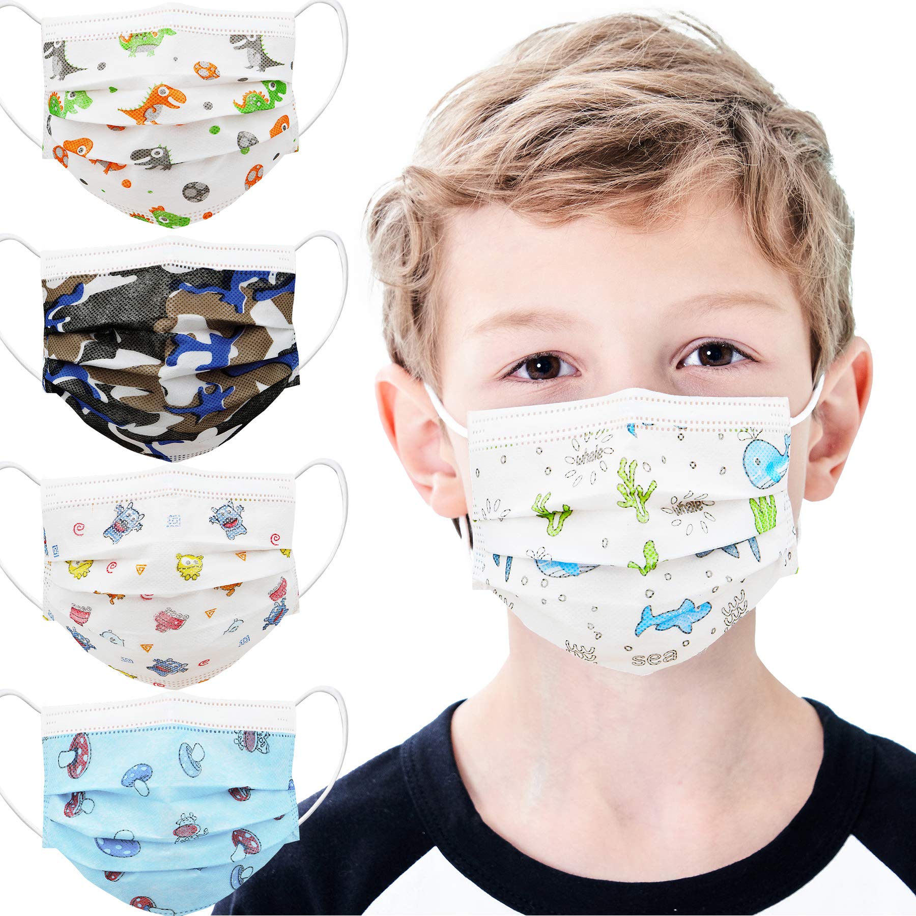 Kids Disposable Face Mask 50 Pack Ages 5-12 Filter 3-Layer Safety Face Masks for Kids Daily Use.All Metal Nose Clips(Multicolored)