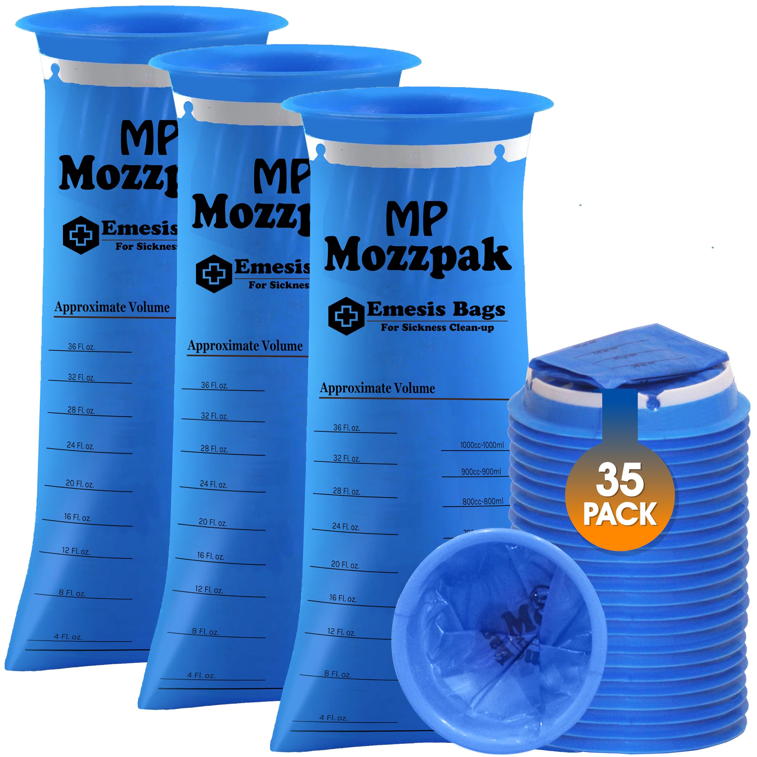 MP MOZZPAK Vomit Bags Disposable – 35 Pack – 1000ml Barf Bags – Leak Resistant, Medical Grade, Portable Emesis Bags, Puke, Throw Up, Nausea Bags for Travel Motion Sickness, Car & Aircraft, Kids, Taxi