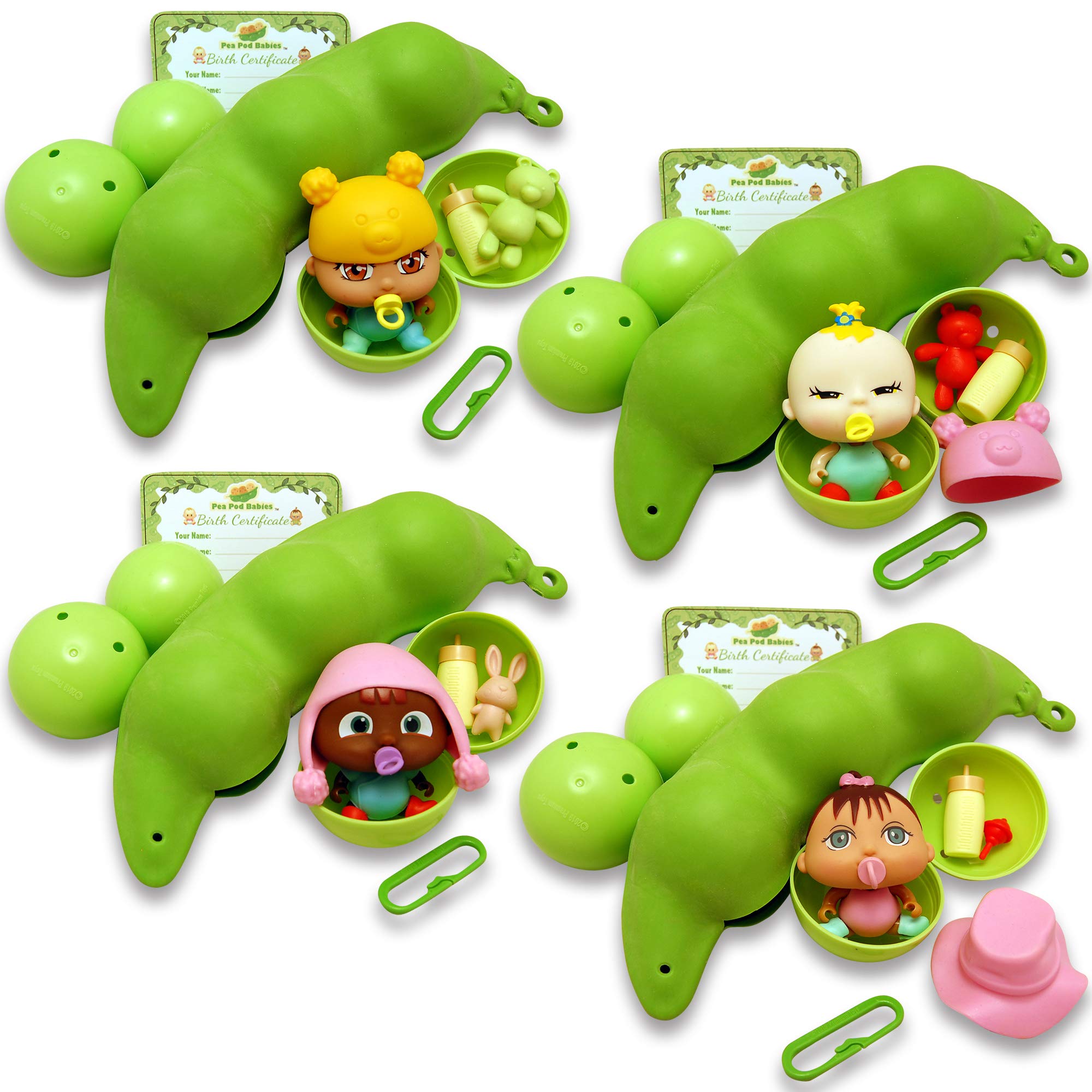 Pea Pod Babies Bundle (Set of 4) - Collectible Mystery Surprise Toys with Mini Baby, Clothing, & Accessories - Small Doll - Easter Basket Gift