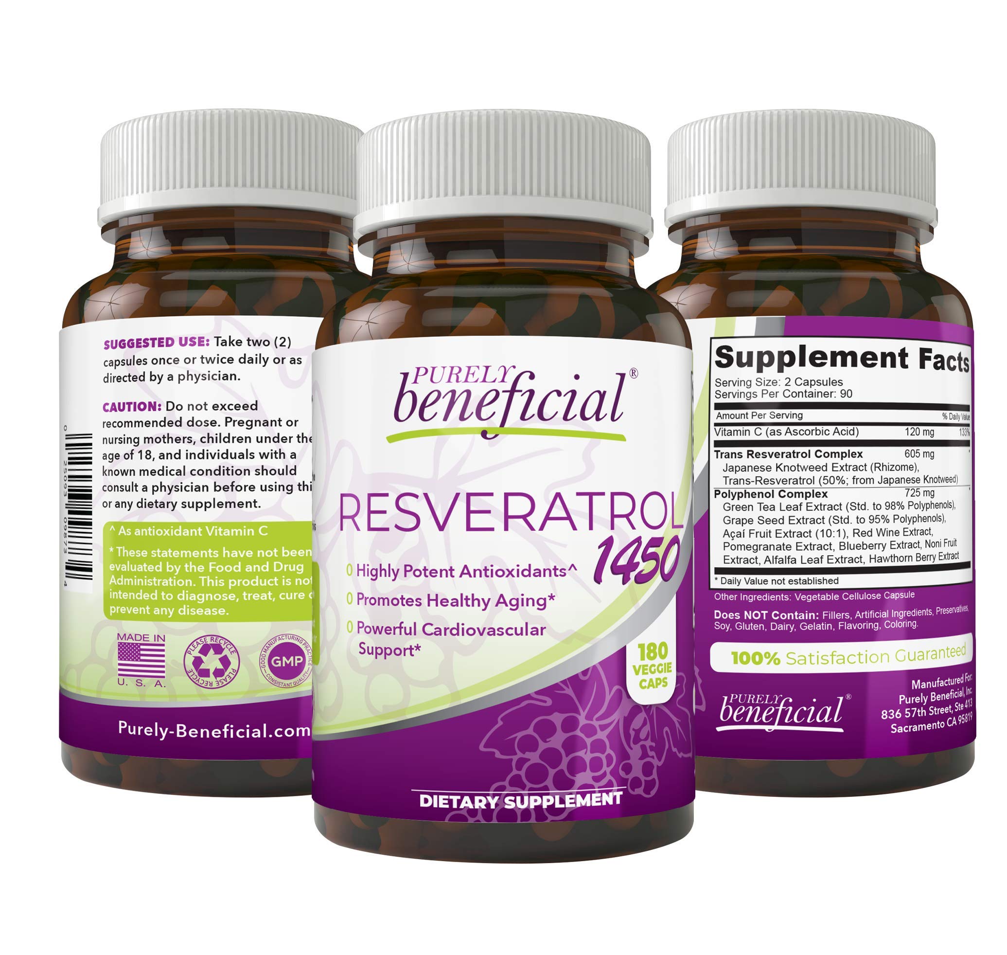 PURELY beneficialRESVERATROL1450-90day Supply, 1450mg per Serving of Potent Antioxidants & Trans-Resveratrol, Promotes Anti-Aging, Cardiovascular Support, Maximum Benefits (1bottle)