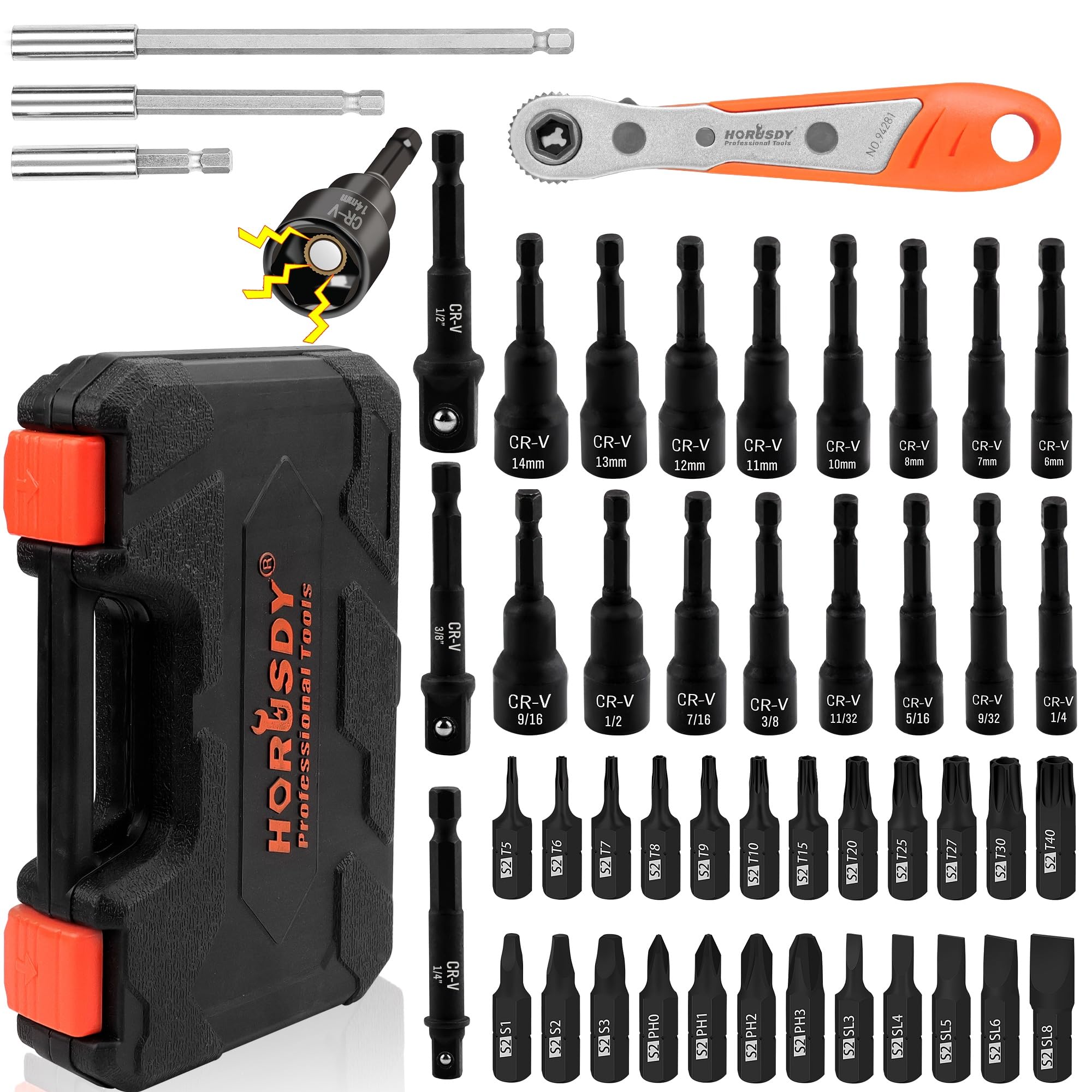 HORUSDY 47-Piece Magnetic Nut Driver Set | 1/4'' Quick-Change Hex Shank for Impact Drill | Metric (6-14mm) & Imperial (1/4''-9/16'') | Cr-V Steel | Bit Extension & Drill Bit Adapter