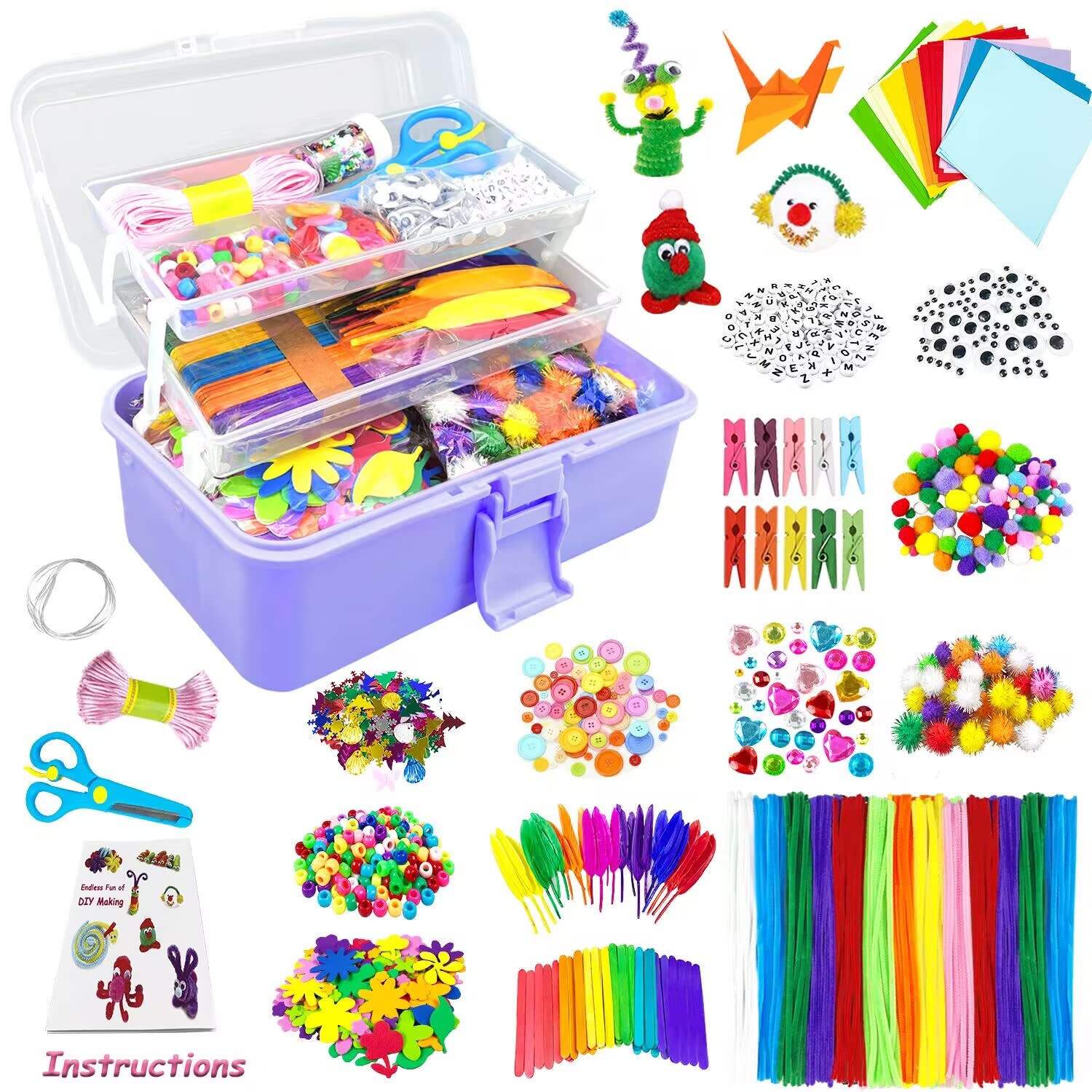 VLUSSO Arts and Crafts Supplies for Kids DIY Craft Kits Art Supplies Materials Kids Crafts Set with Pipe Cleaners Craft Box Preschool Homeschool Toys Gift for Kids Boys and Girls Age 4 5 6 7 8