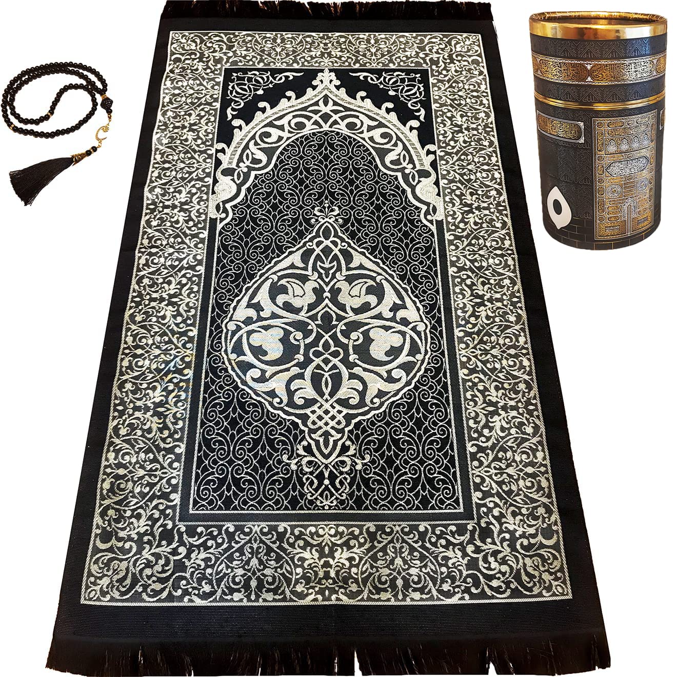 Prayeristan Muslim Prayer Rug - Prayer Mat with Gift Prayer Beads & Special Kaaba Box - Islamic Rugs for Men and Women - Portable & Travel Prayer Mat - Ramadan & Islamic Gifts (Black)