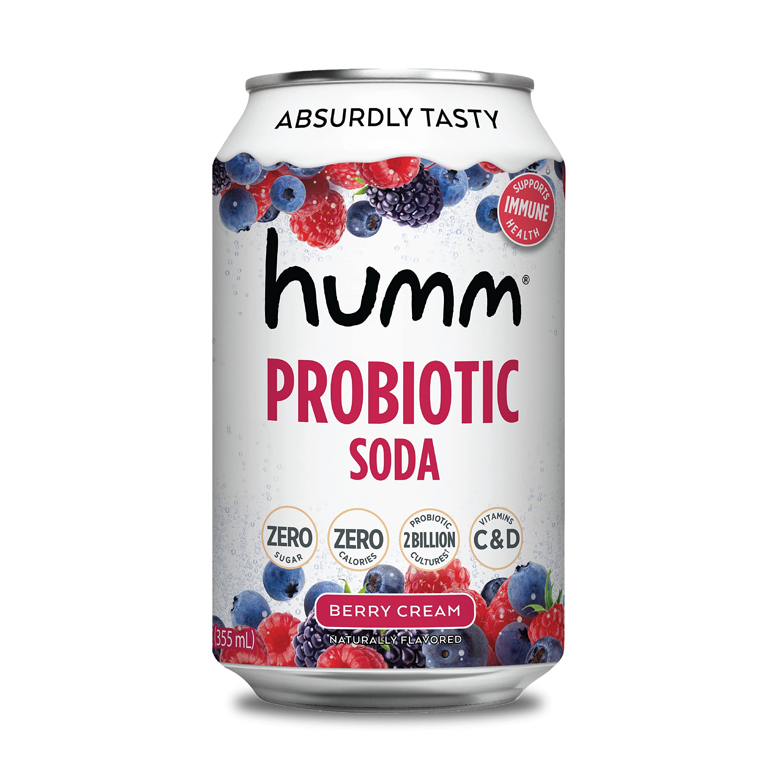 Humm Sparkling Probiotic Berry Cream Soda - Zero Sugar, Zero Calorie, 2 Billion Probiotics - Vitamin C, D, and B12-12 fl oz (12 Pack)