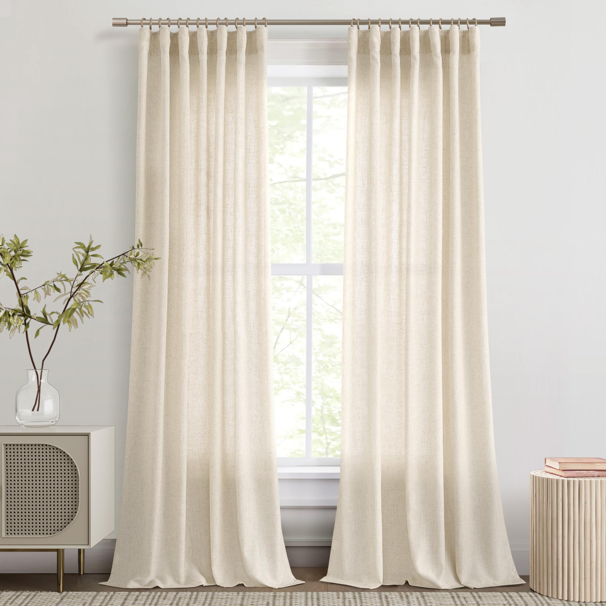 JoywellTan Linen Curtains 90 Inch Length for Living Room Dining 2 Panels Set Hook Belt Back Tab Pocket Semi Sheer Taupe Light Brown Coffee Color Drape for Home Office Burlap Vintage Decor 52x90