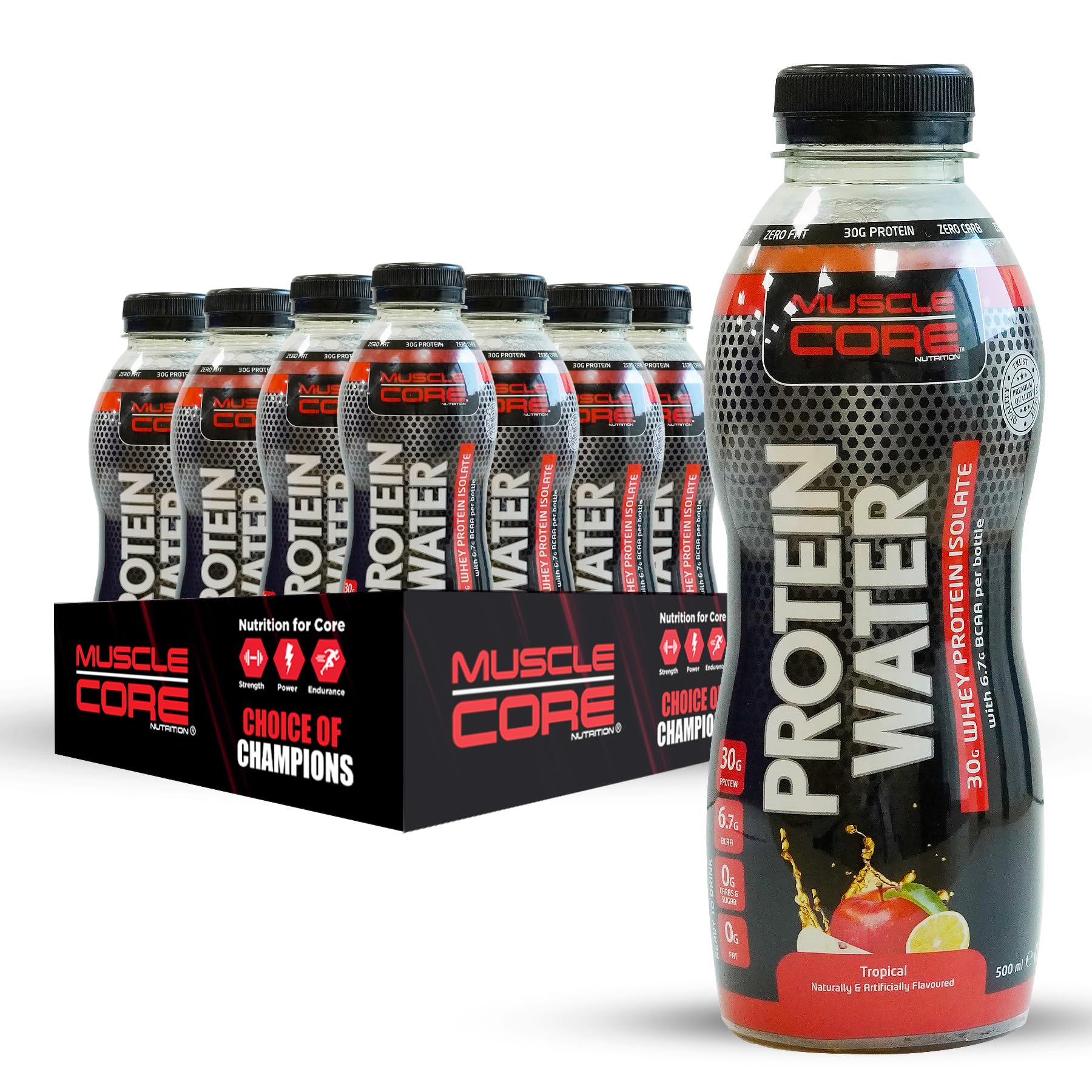 Muscle Core Nutrition Protein Water | Tropical | 30 Gram Whey Protein Isolate with 6.7g BCAA | 12x500 ml