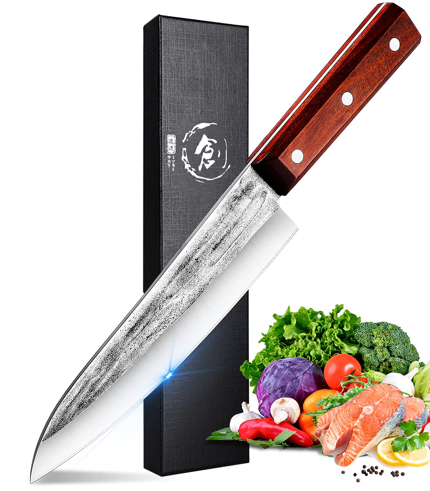 Huusk Sharp Kitchen Knife,8" Japanese Chef Knife,High Carbon Steel Gyuto Japanese Kitchen Knife,Hand Forged Chefs Knives with Rosewood Handle for Meat Vegetables Cutting in Home and Restaurant