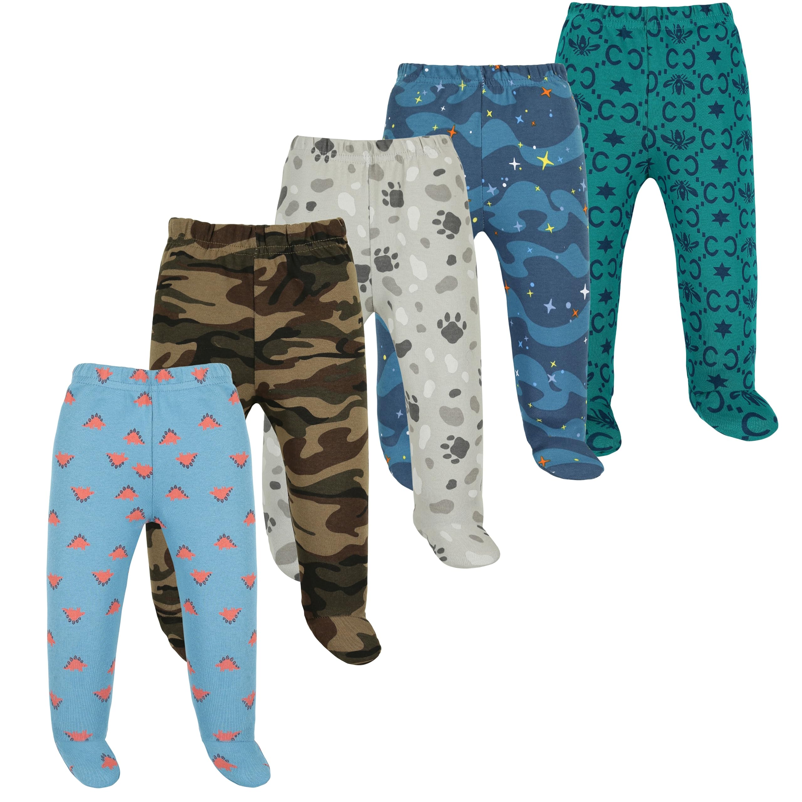 TotzTouch Baby Pants | Pajamas | Leggings with Footies| Booties Soft Cotton Printed Multi Colour Pack of 5