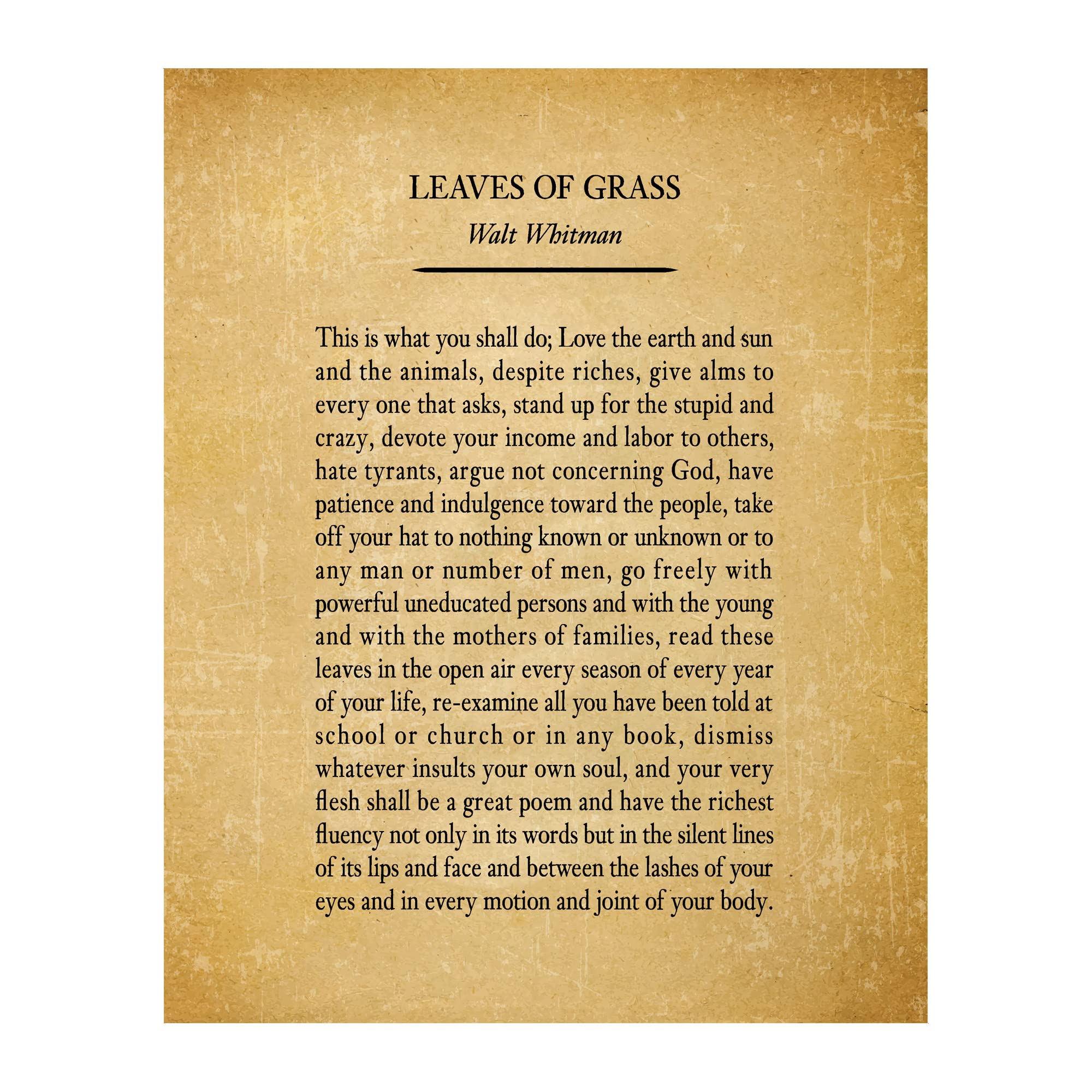 Leaves Of Grass - Walt Whitman's Poetic Spiritual Wall Art. Inspirational Distressed Parchment Wall Print. Ideal For Home Decor, Study Decor & Library Decor. Perfect Poet's Gift. Unframed - 8x10"