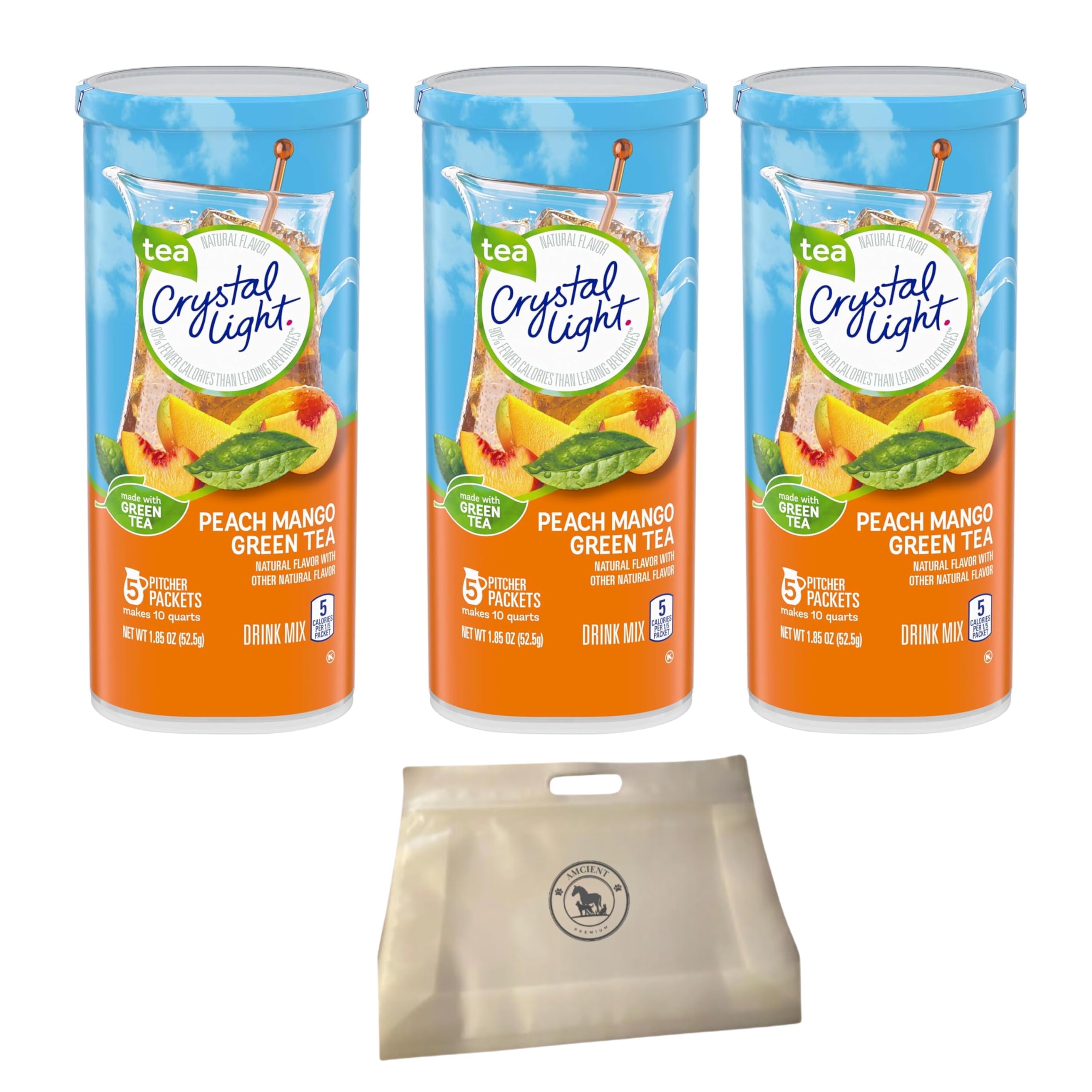 Crystal Light Peach Mango Green Tea Sugar-free Pitcher Packets 3 x 5 Count Bundle With Reusable Snack Pouch By AMCIENT