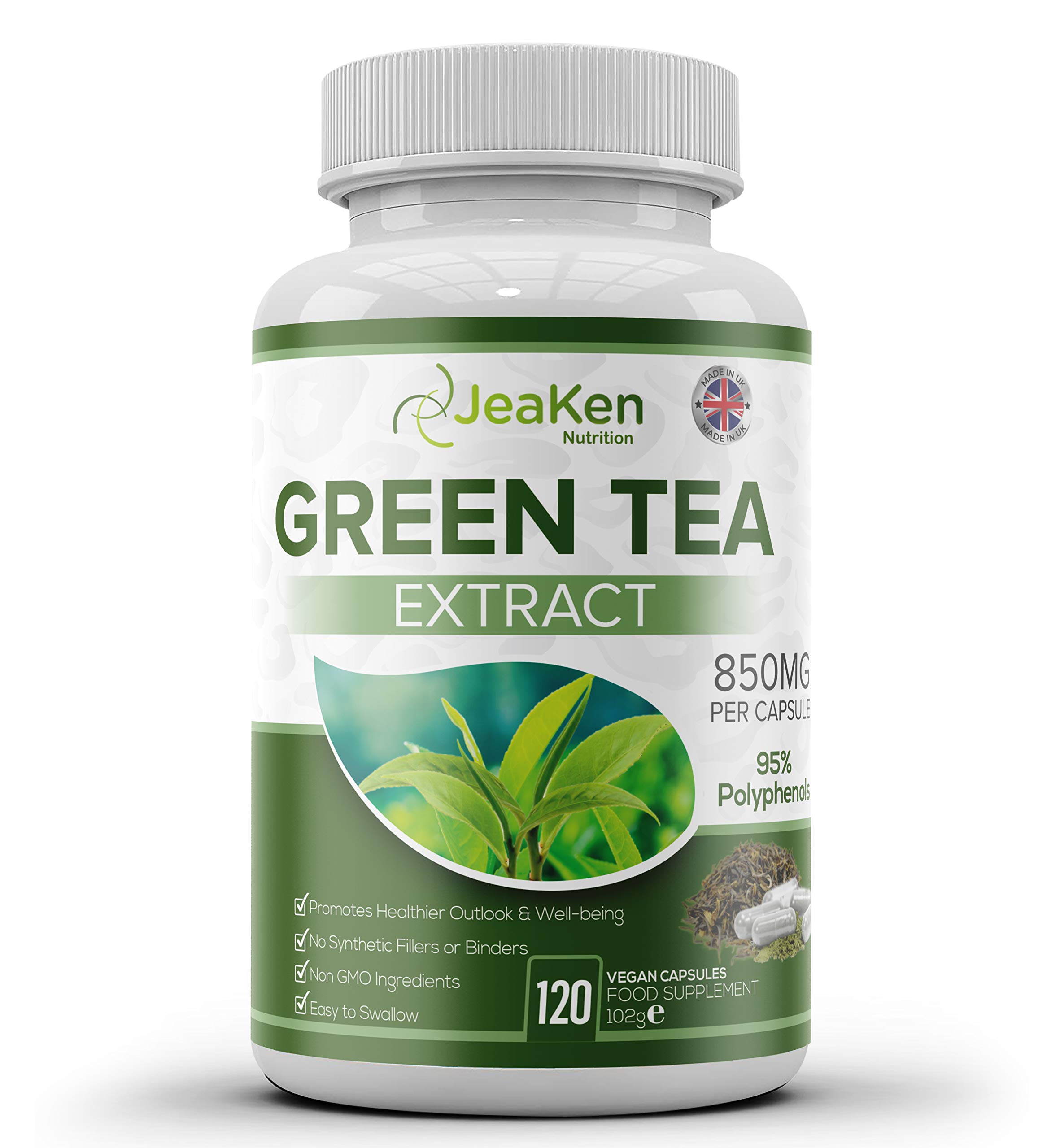 JeaKen Green Tea Capsules - Contains 95% polyphenol Green Tea Extract for a Healthy Metabolism - Rich in Caffeine and antioxidants - Promotes Hydration - 120 Allergy-Free Vegan Capsules.