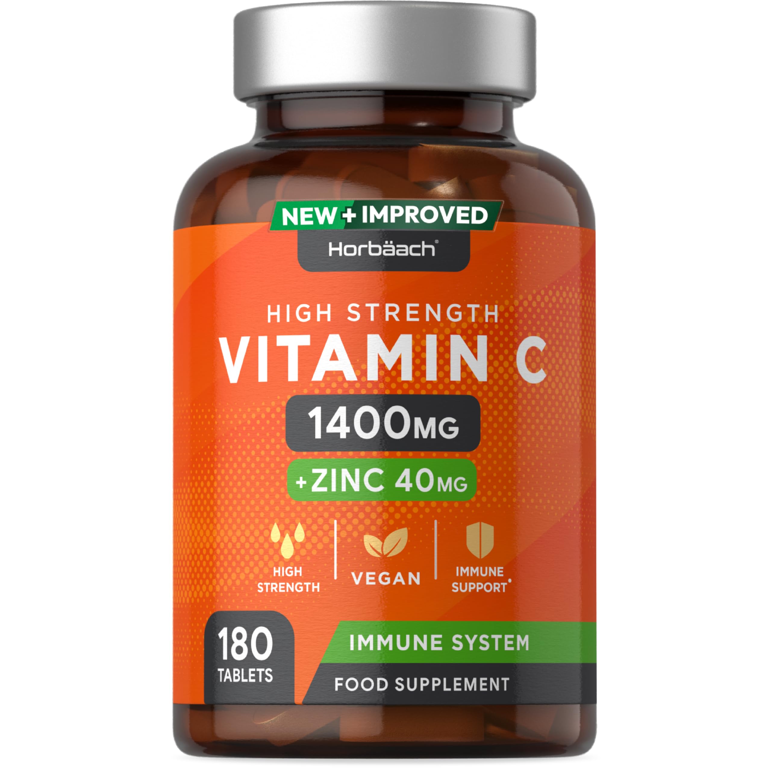 Vitamin C and Zinc Tablets | 180 Count | High Strength Vitamin C 1400mg and Zinc 40mg | No Artificial Preservatives | by Horbaach