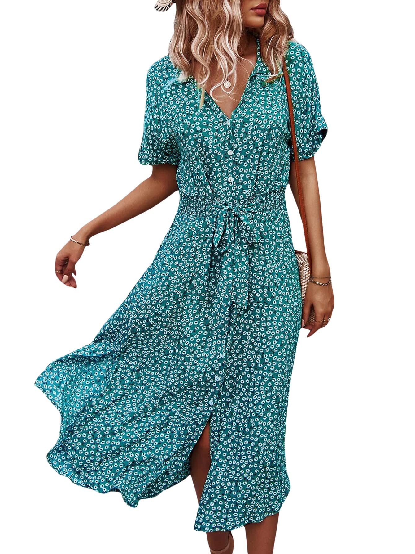 SOLY HUXWomens Summer Dress Casual Ditsy Floral Tie Front Button Up Boho Midi Tshirt Dresses