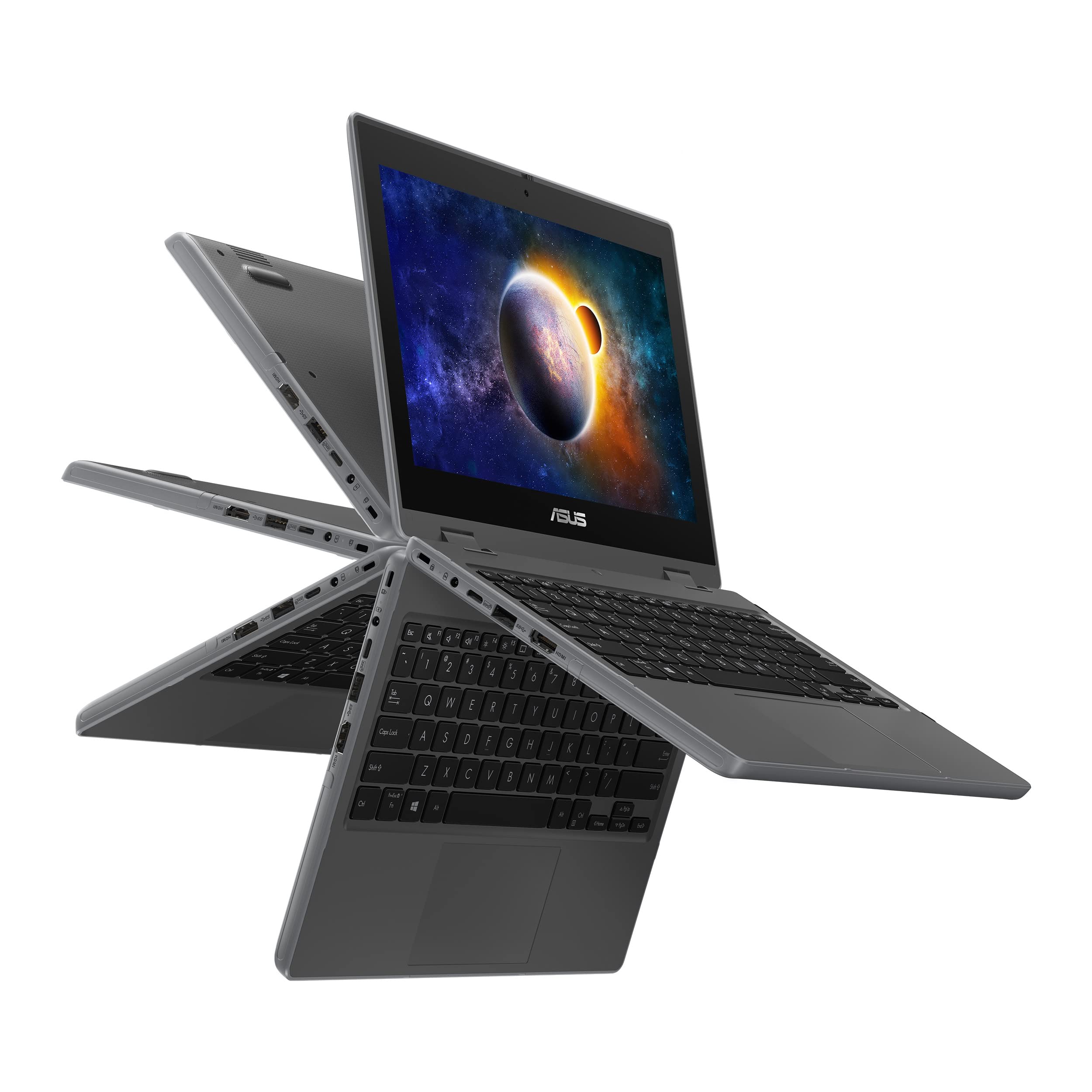 ASUSBR1100 Laptop, 11.6" HD Anti-Glare Touchscreen Display, Intel Celeron N4500, 4GB RAM, 64GB Storage, MIL-STD 810H Durability, TPM 2.0, Windows 10 Pro, Dark Grey, Stylus Included, BR1100FKA-502YT