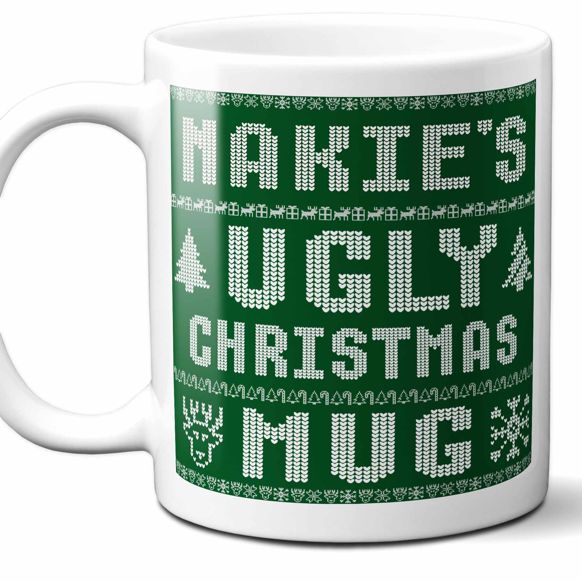 Nakie Name Christmas Gift. Personalized Ugly Christmas Sweater Coffee Mug. Funny Custom Xmas Gift, Stocking Stuffer For Friends, Coworkers And Person Who Has Everything. 11 Ounces.