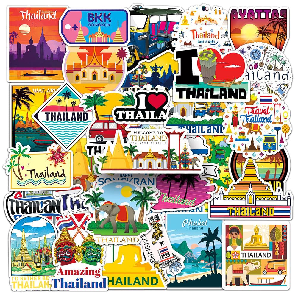 50Pcs Thailand Travel Stickers|Sawatdee Ka Waterproof Vinyl Decals for Water Bottles Bicycle Laptop Refrigerator Luggage Computer Mobile Phone Skateboard Bike Décor