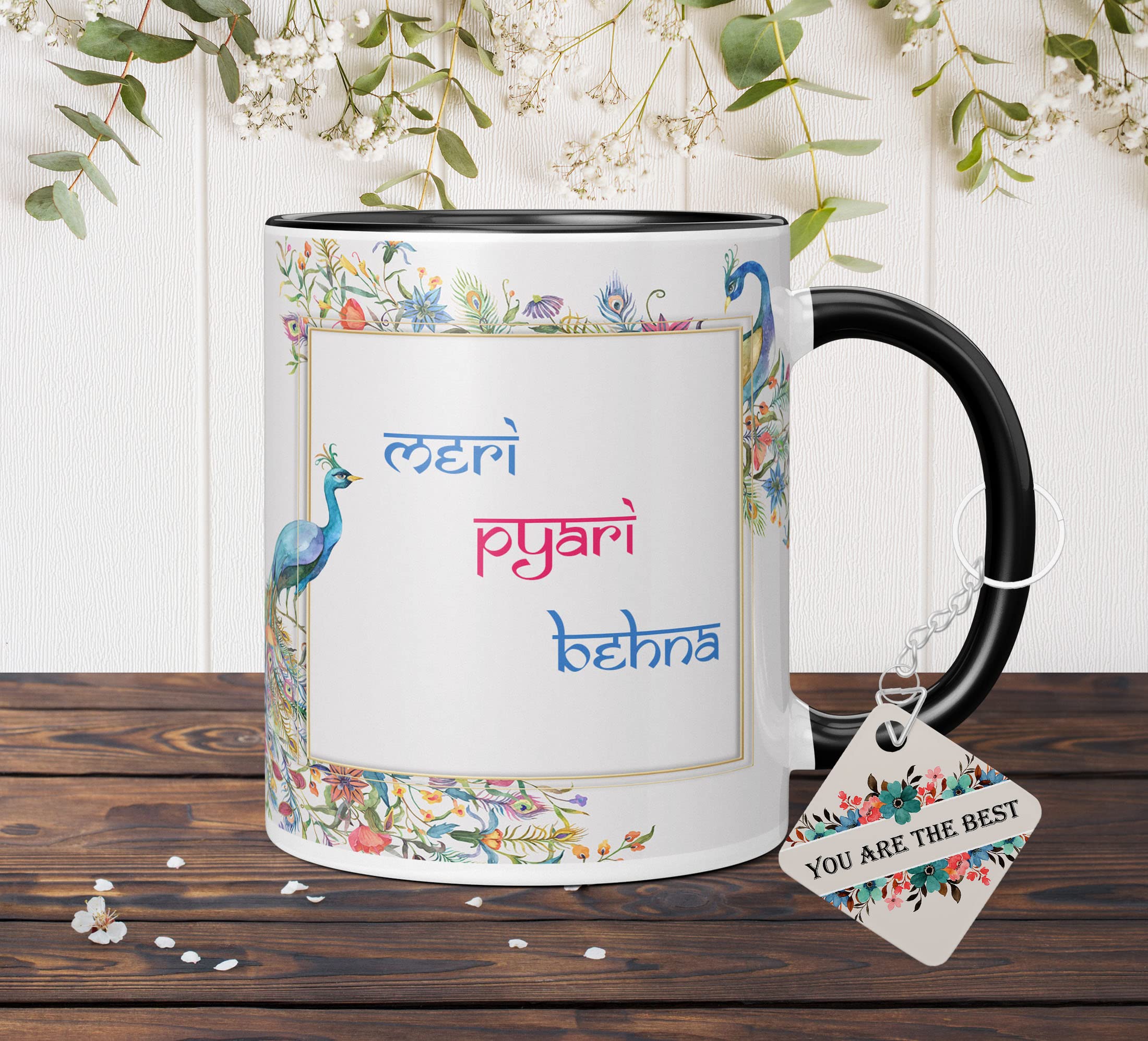 NH10 DESIGNS Meri Pyari Behna Printed Coffee Mug with Keychain for Behen Best Birthday Anniversay Gift for Sister Didi Behna Written Tea Cups (Microwave Safe Ceramic Coffee Mug-350ml) - MPPFAM3TMK 67