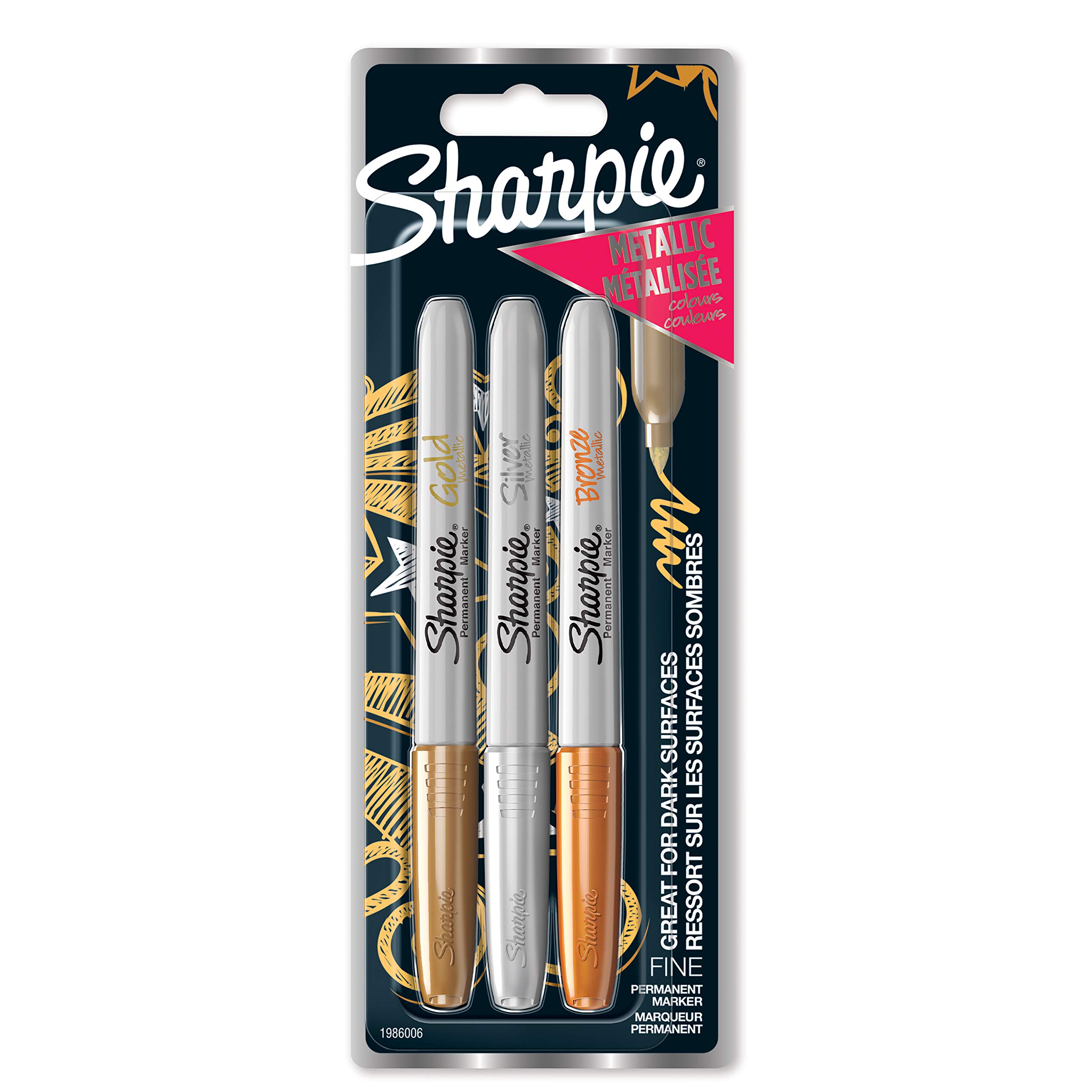 SharpiePermanent Markers | Fine Tip | Assorted Metallic Colours | 3 Count