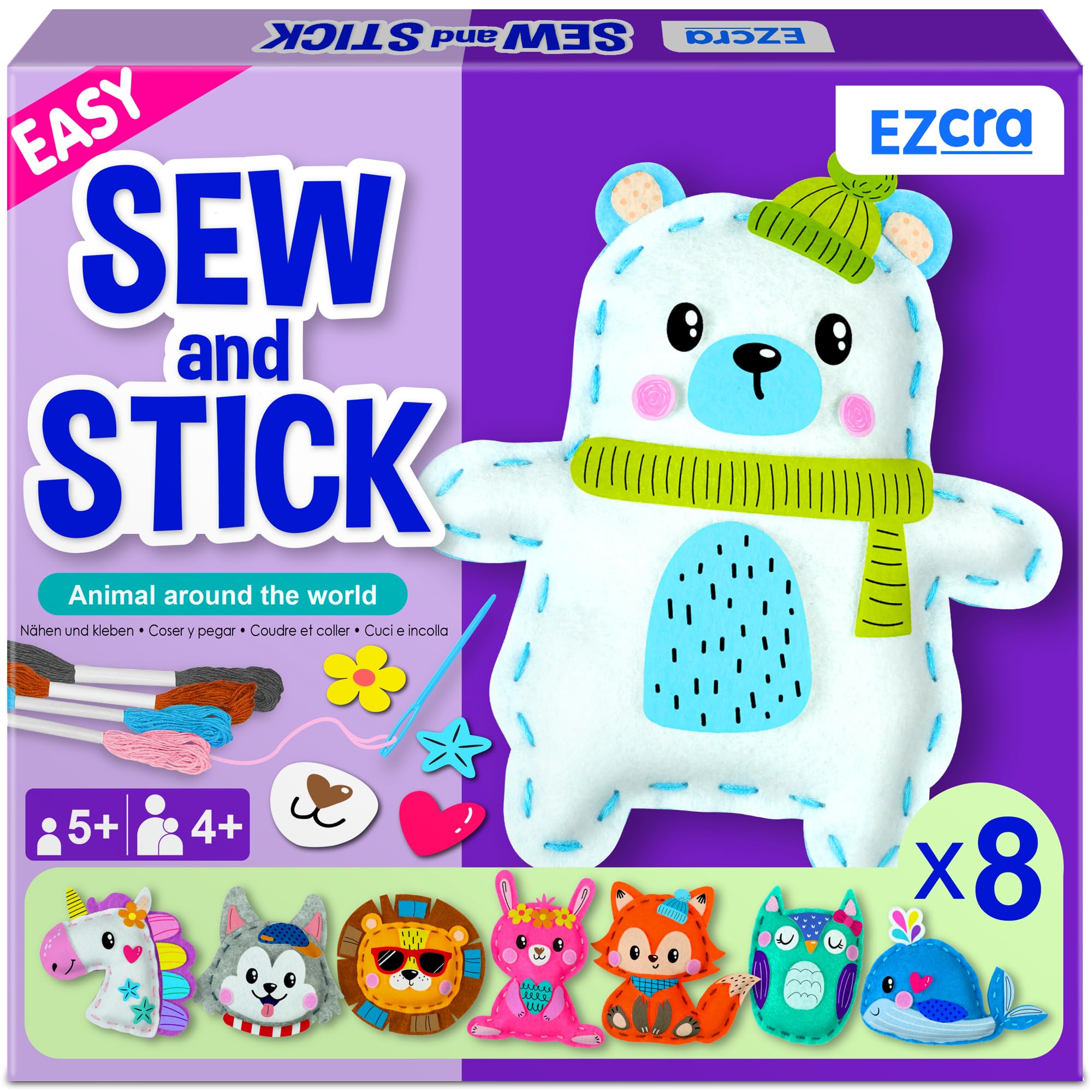 EZCRA 8-in-1 Easy to Do Animal Sewing Projects for Kids - Kids Craft Kits - No Mess Sewing Kit for Kids Age 4,5,6,7,8 - Includes Stickers, Tools with Full Instruction