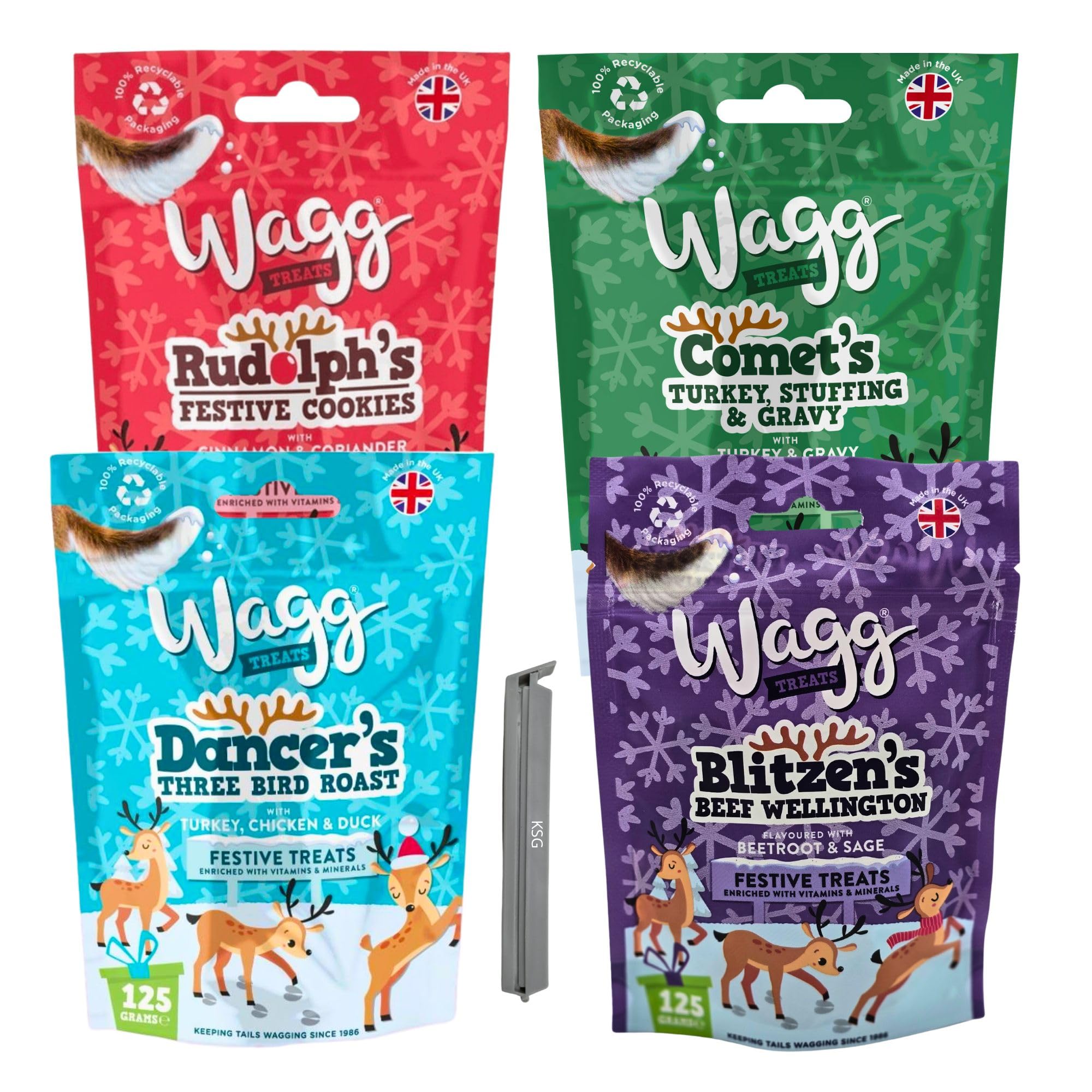 Dog Treats Bundle With 4x Bags of Wagg Treats Including Blitzen, Comet, Rudolph, Dancer and Korpas Signature Gifts Bag Clip